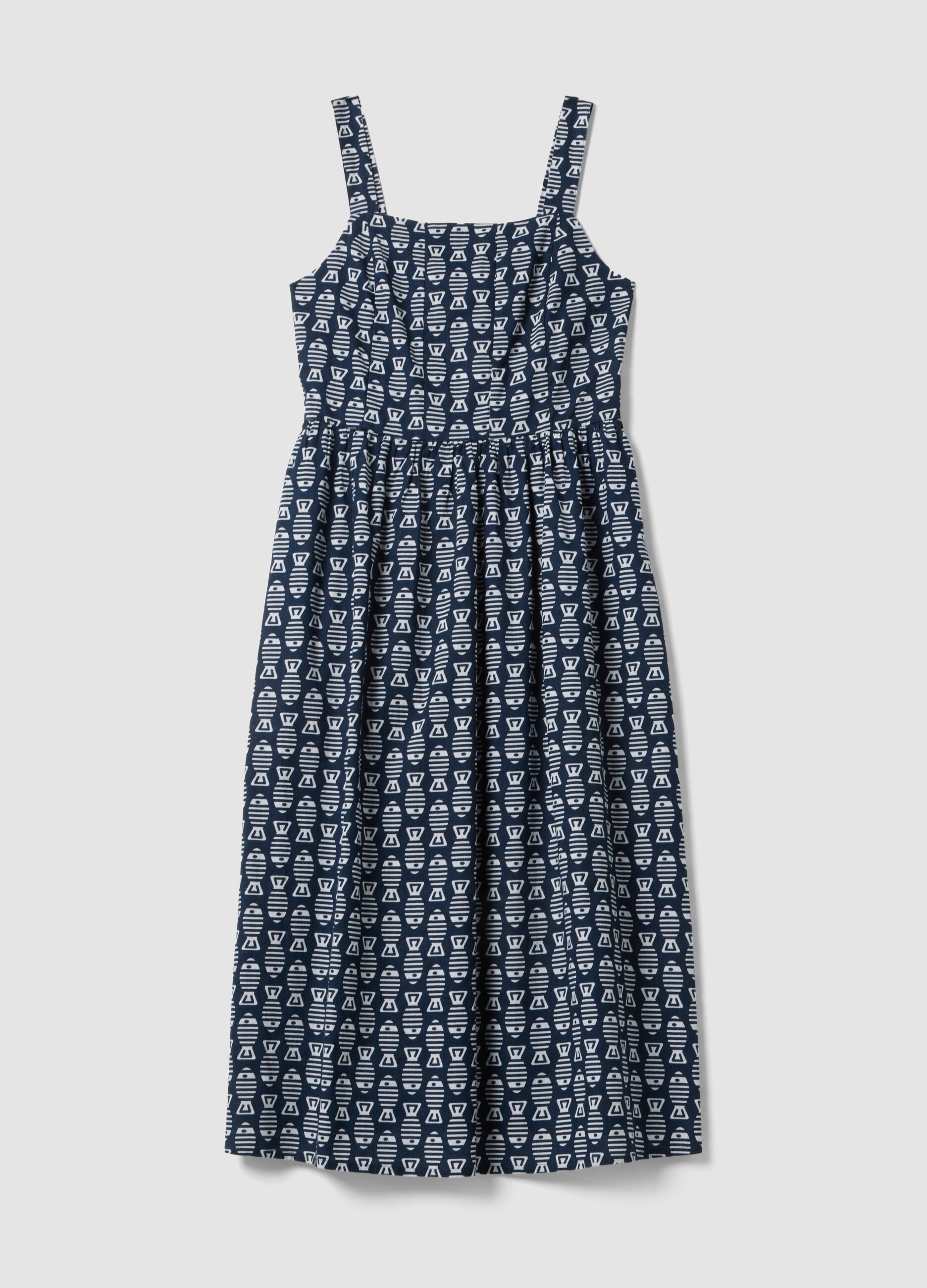 Blue pure cotton strappy dress with a summer print