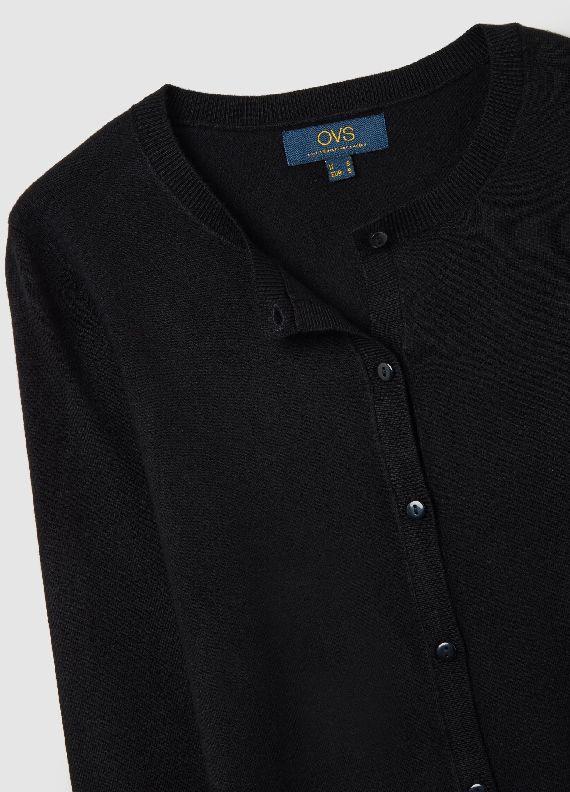 Black crew neck cardigan, regular fit in jersey knit