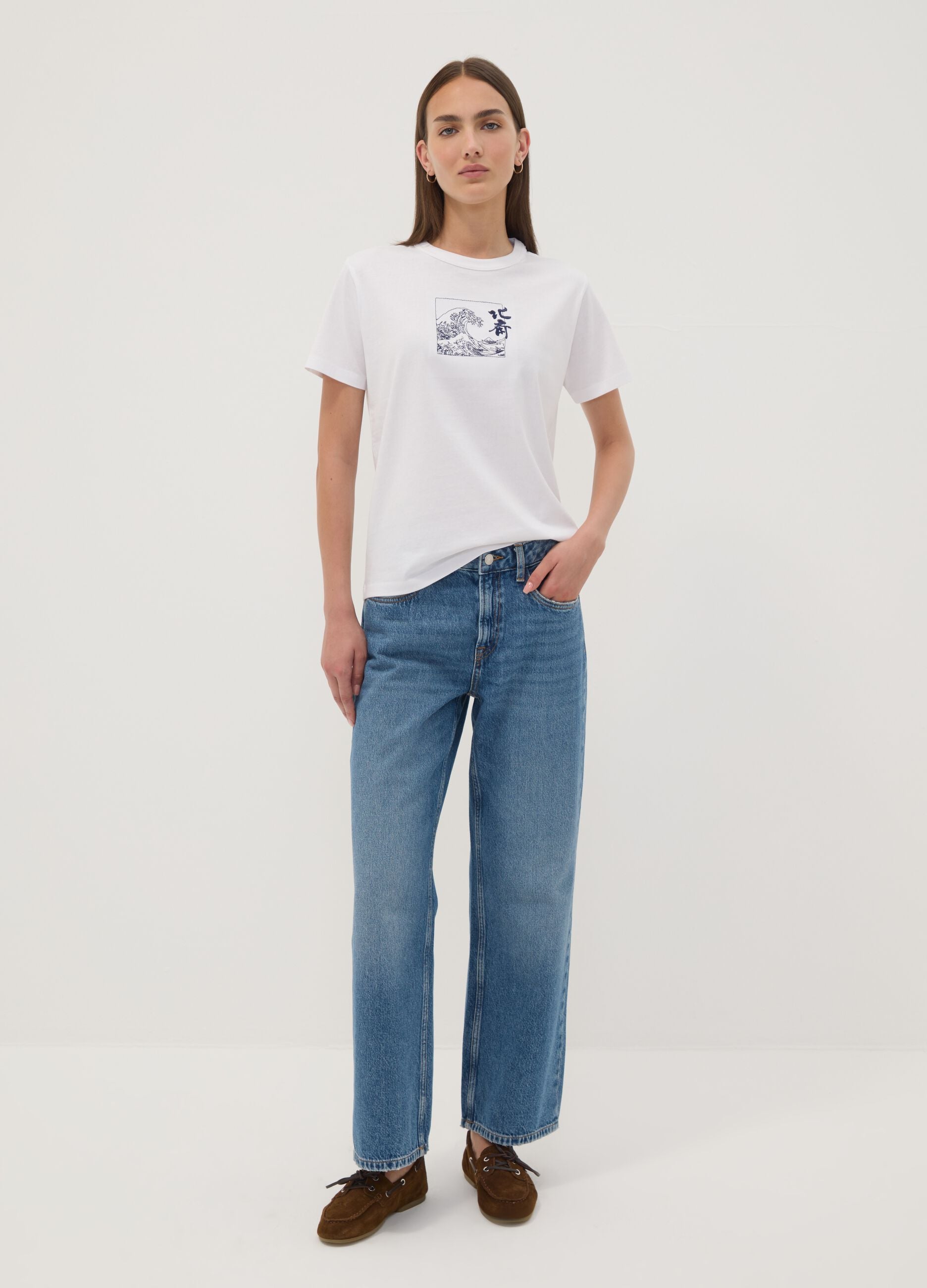 White pure cotton T-shirt with Hokusai print