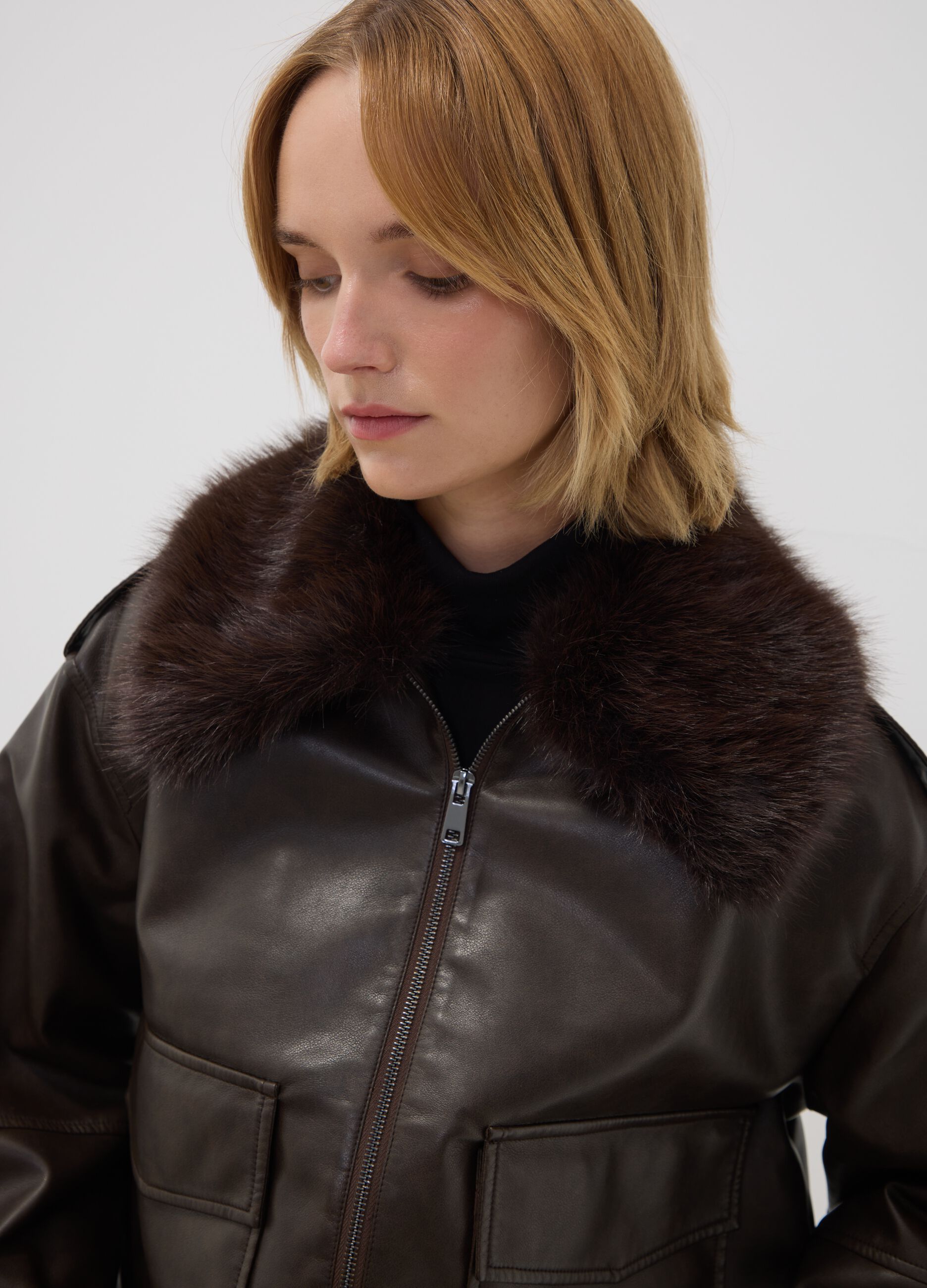 Brown viscose-blend parka with contrasting collar