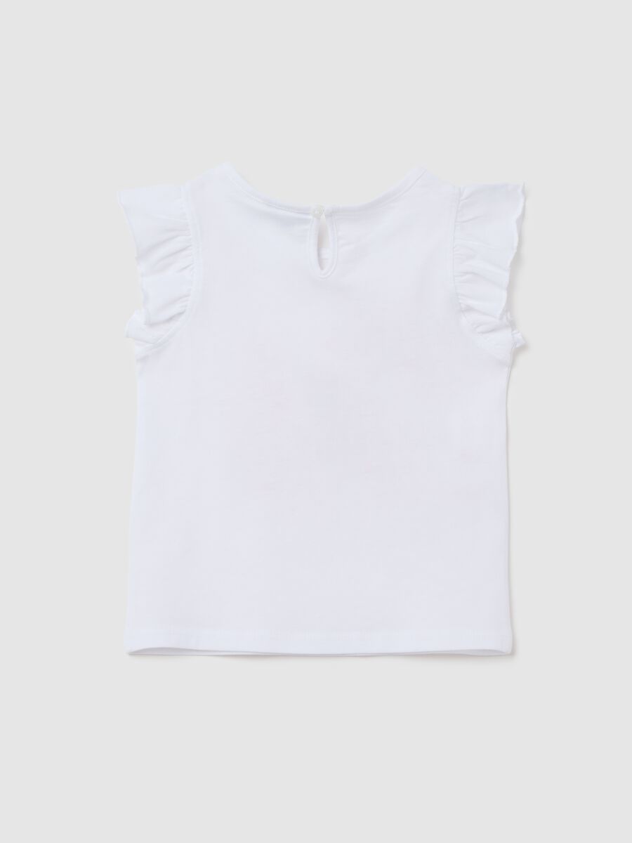 White pure cotton girl's top, regular fit with ruffle sleeves and print_1
