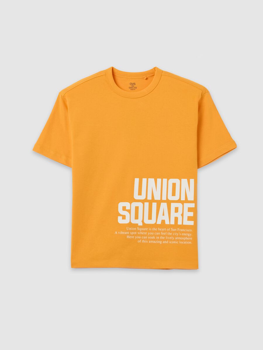 Orange short-sleeved T-shirt with Union Square print_0