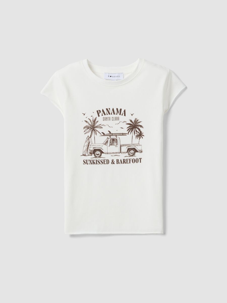 T-shirt fitted in cotone elasticizzato bianca con stampa_0