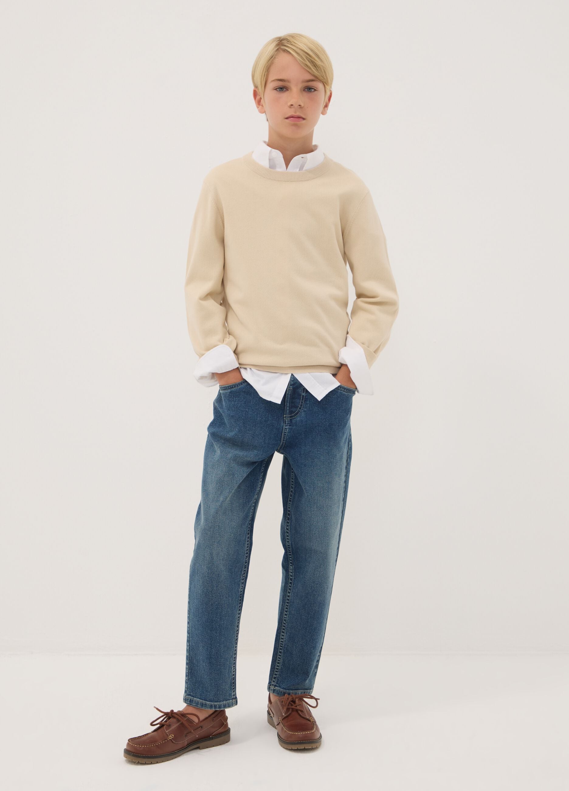 Blue stretch cotton jeans with elasticated waistband, comfort fit