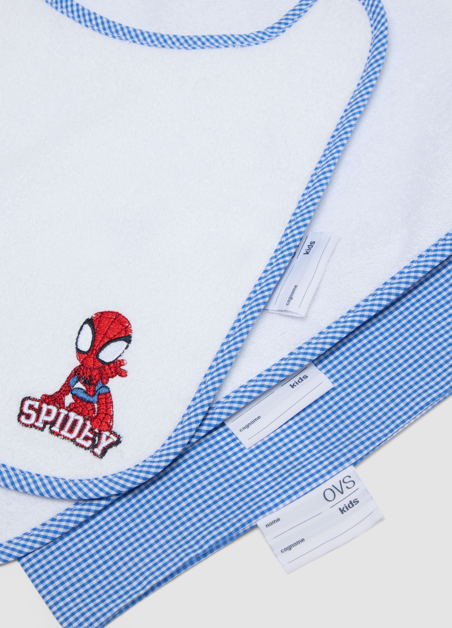 Blue nursery set with bib, towel and drawstring bag, Spidey embroidery