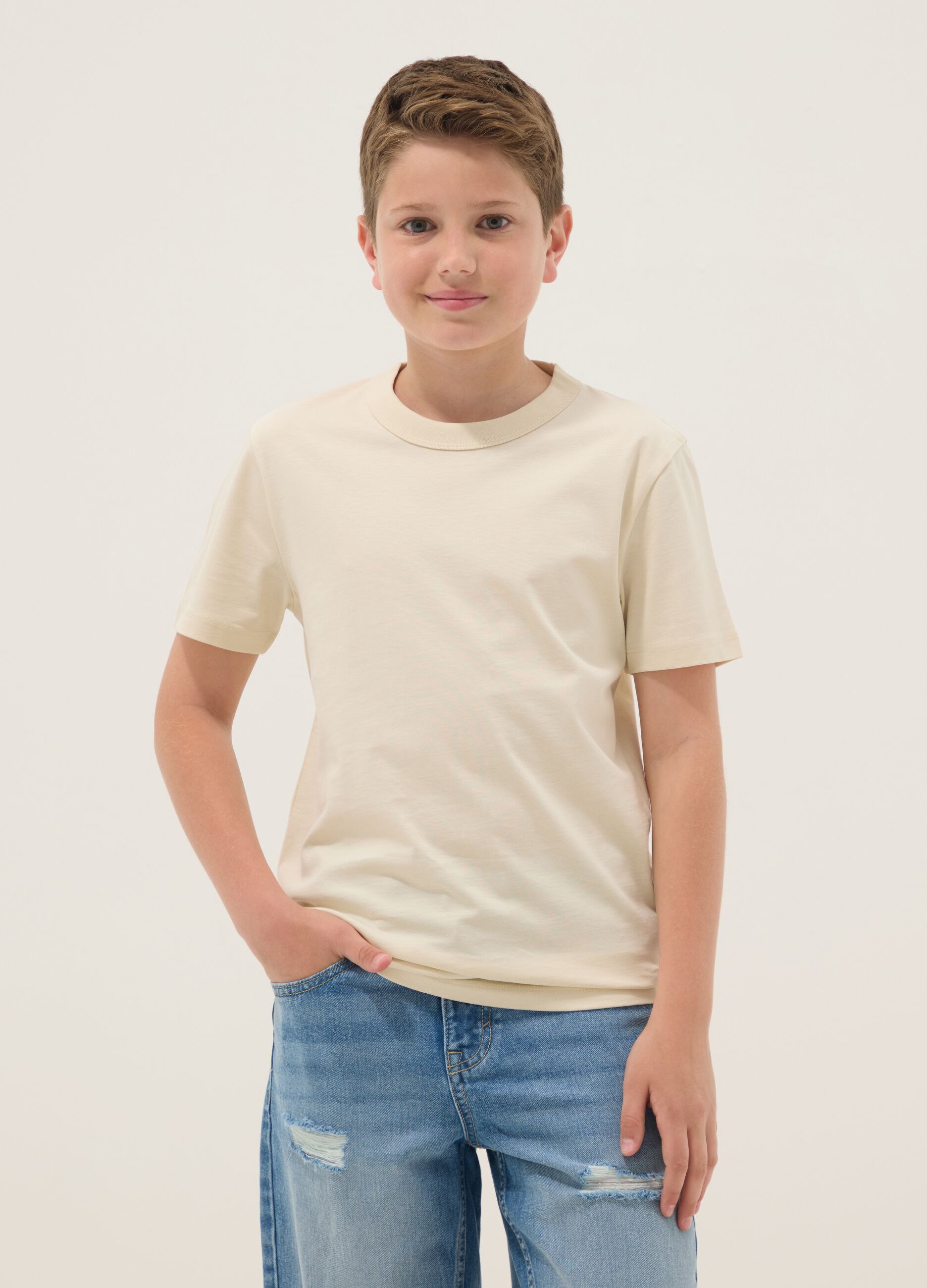 Beige pure cotton boys&rsquo; regular fit T-shirt