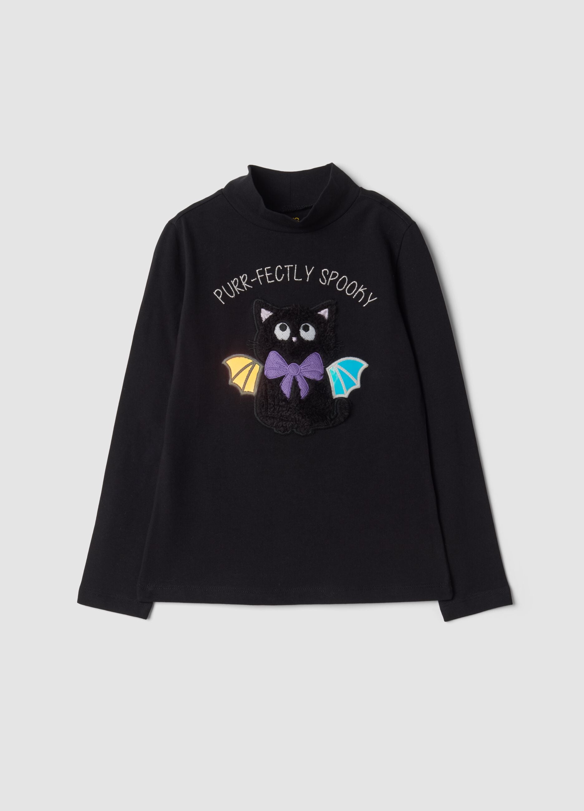 T-shirt nera in cotone elasticizzato con Collo rialzato