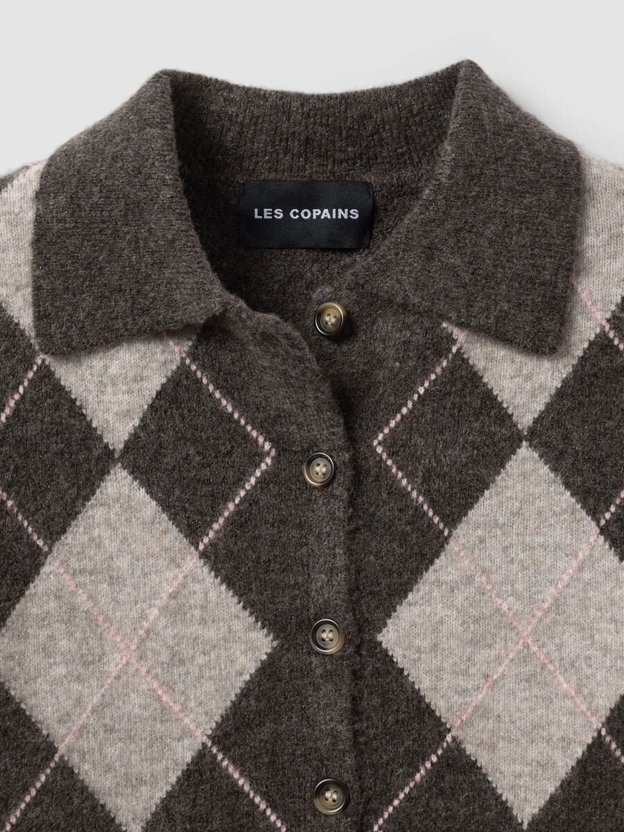 Brown stretch wool polo-collar cardigan, regular fit_5