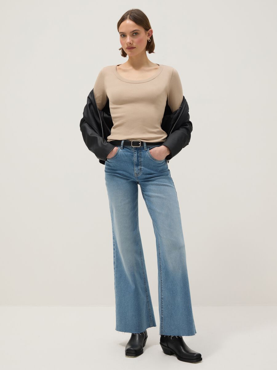 T-shirt a maniche lunghe in puro cotone beige regular fit_1