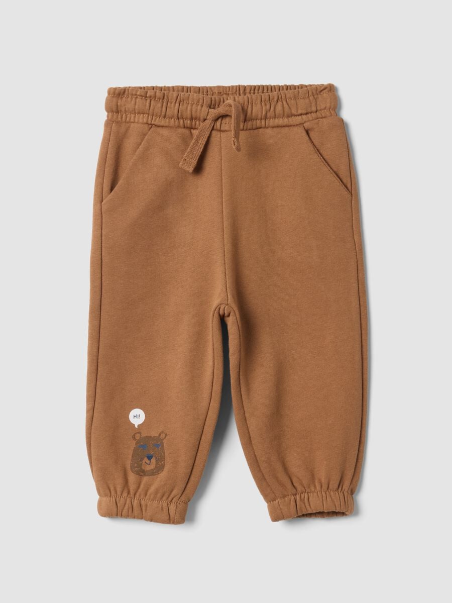 Pantaloni jogger marroni in puro cotone over fit con stampa animaletto_0