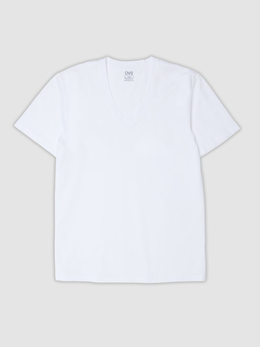 White mercerised pure cotton T-shirt with deep V-neck_0