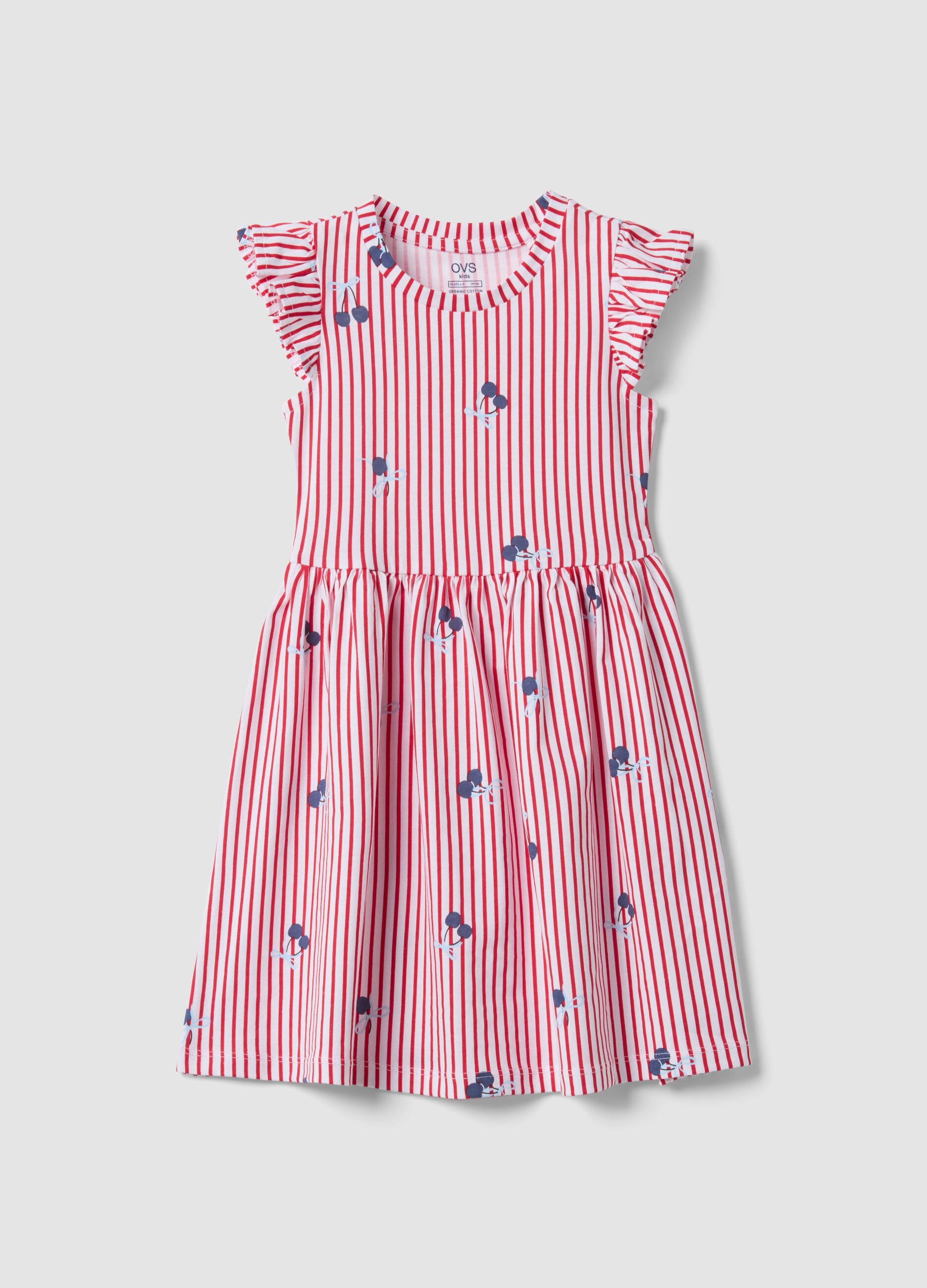 Red striped pure cotton dress with ruffles and prints for girls