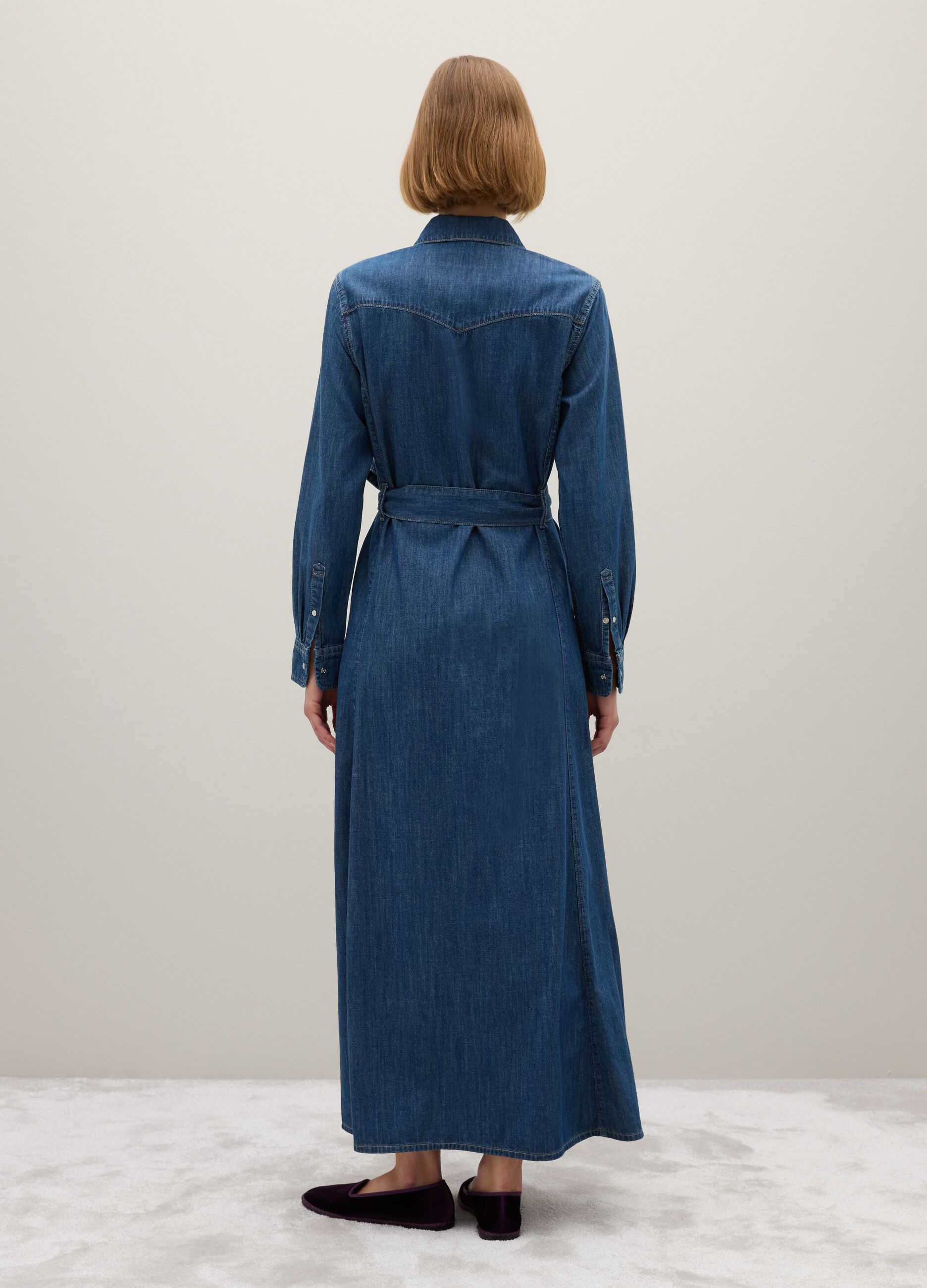 Long pure cotton denim dress with zip and belt