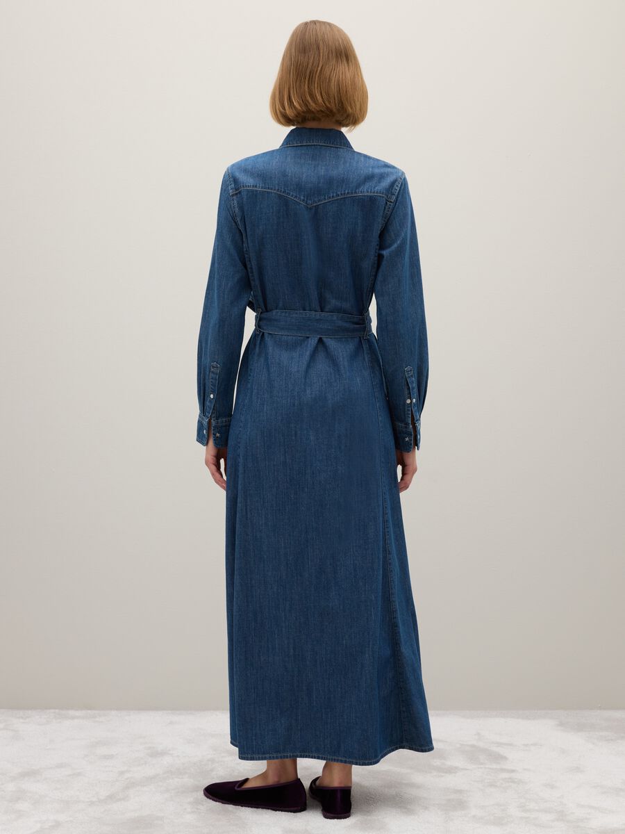 Long pure cotton denim dress with zip and belt_2