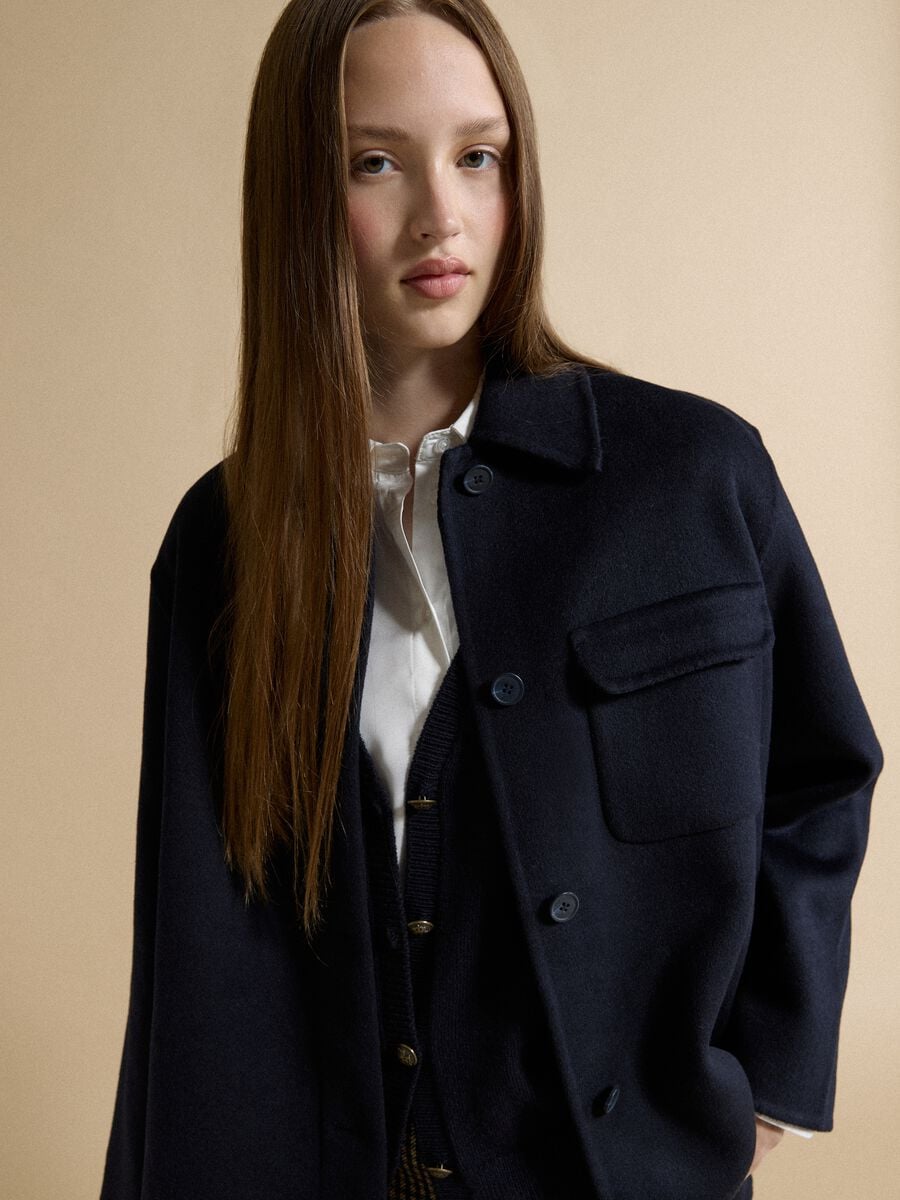 Cappotto blu in misto lana e viscosa con bottoni over fit_0