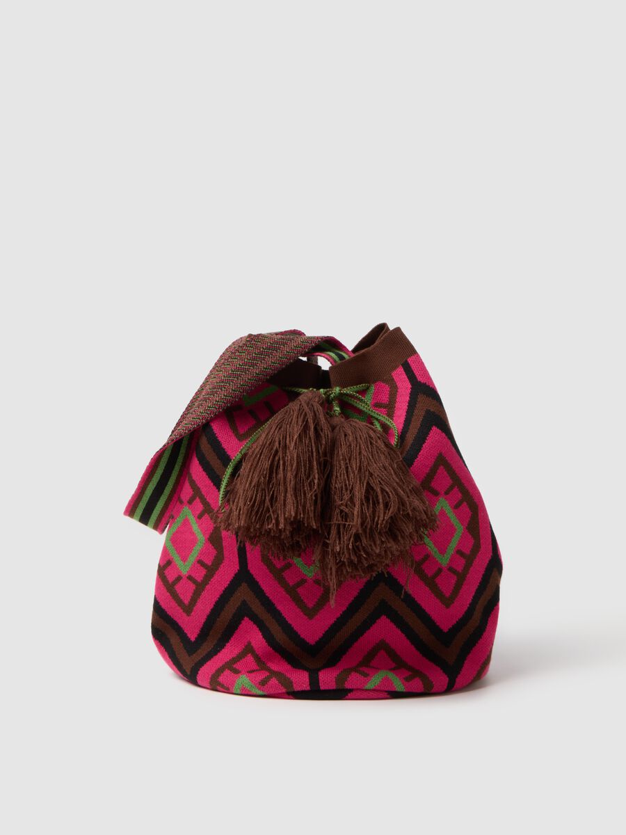 Multicolor ethnic detail beach bag with tassels_0