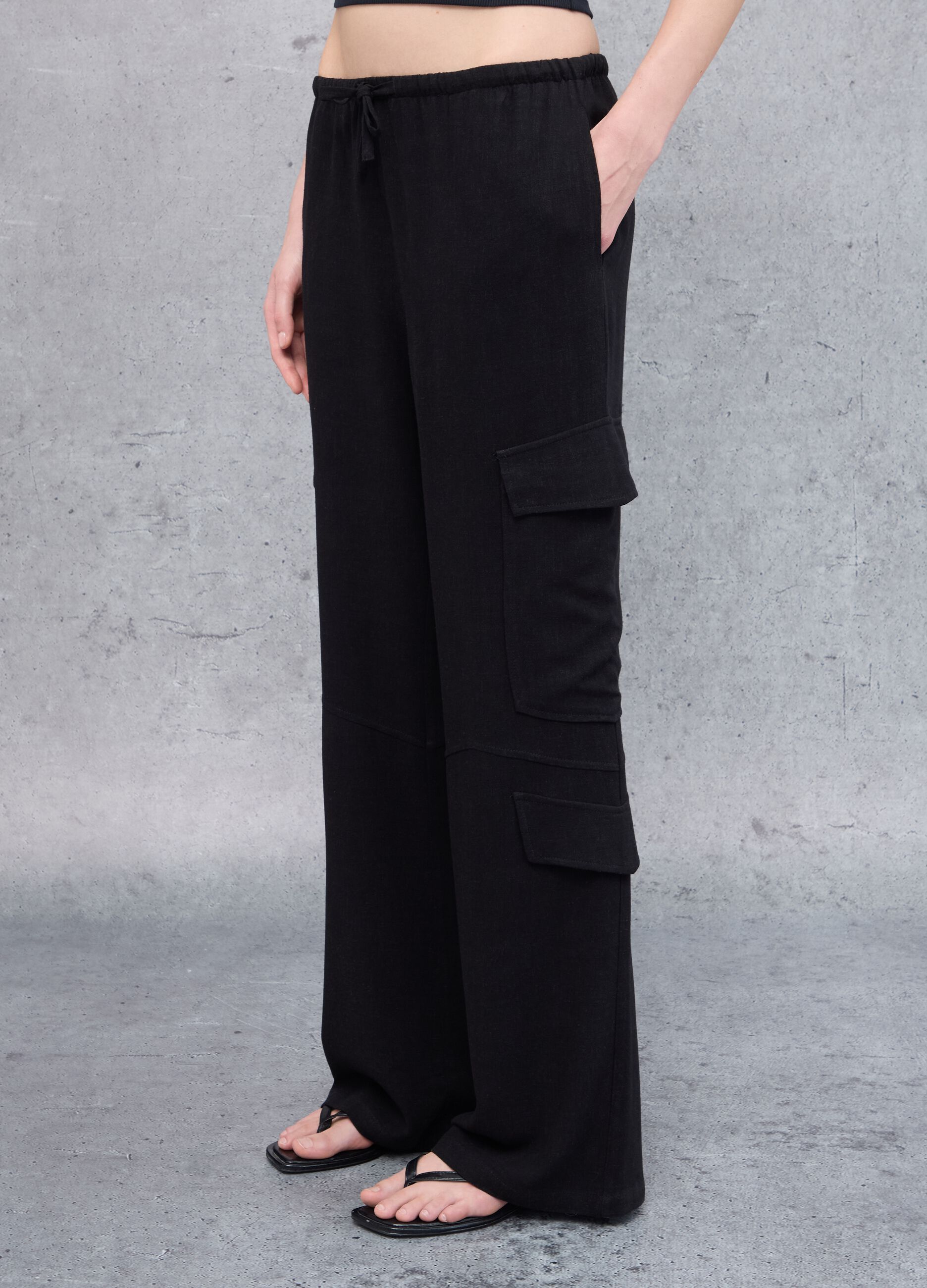 Cargo Linen Wide Leg Trousers Black