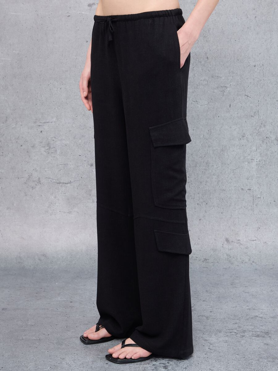 Cargo Linen Wide Leg Trousers Black_1