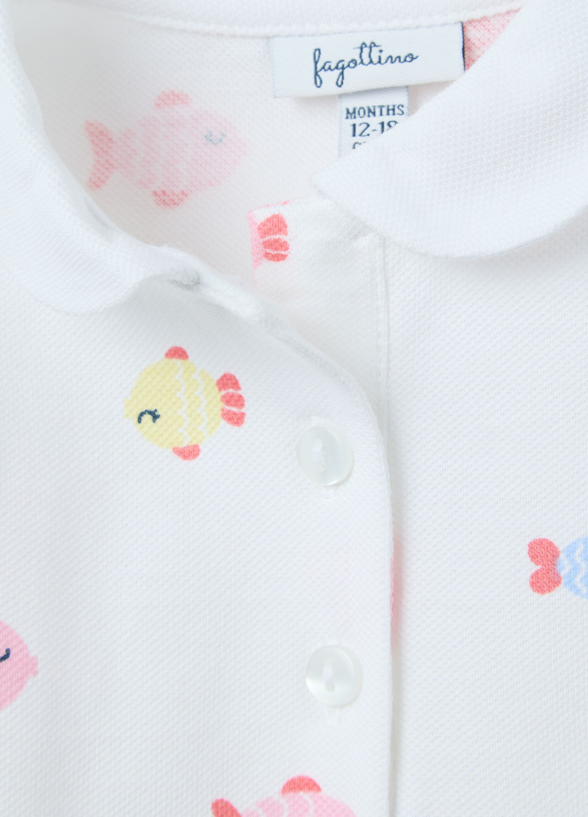 White Polo with Colourful Fish in Cotton