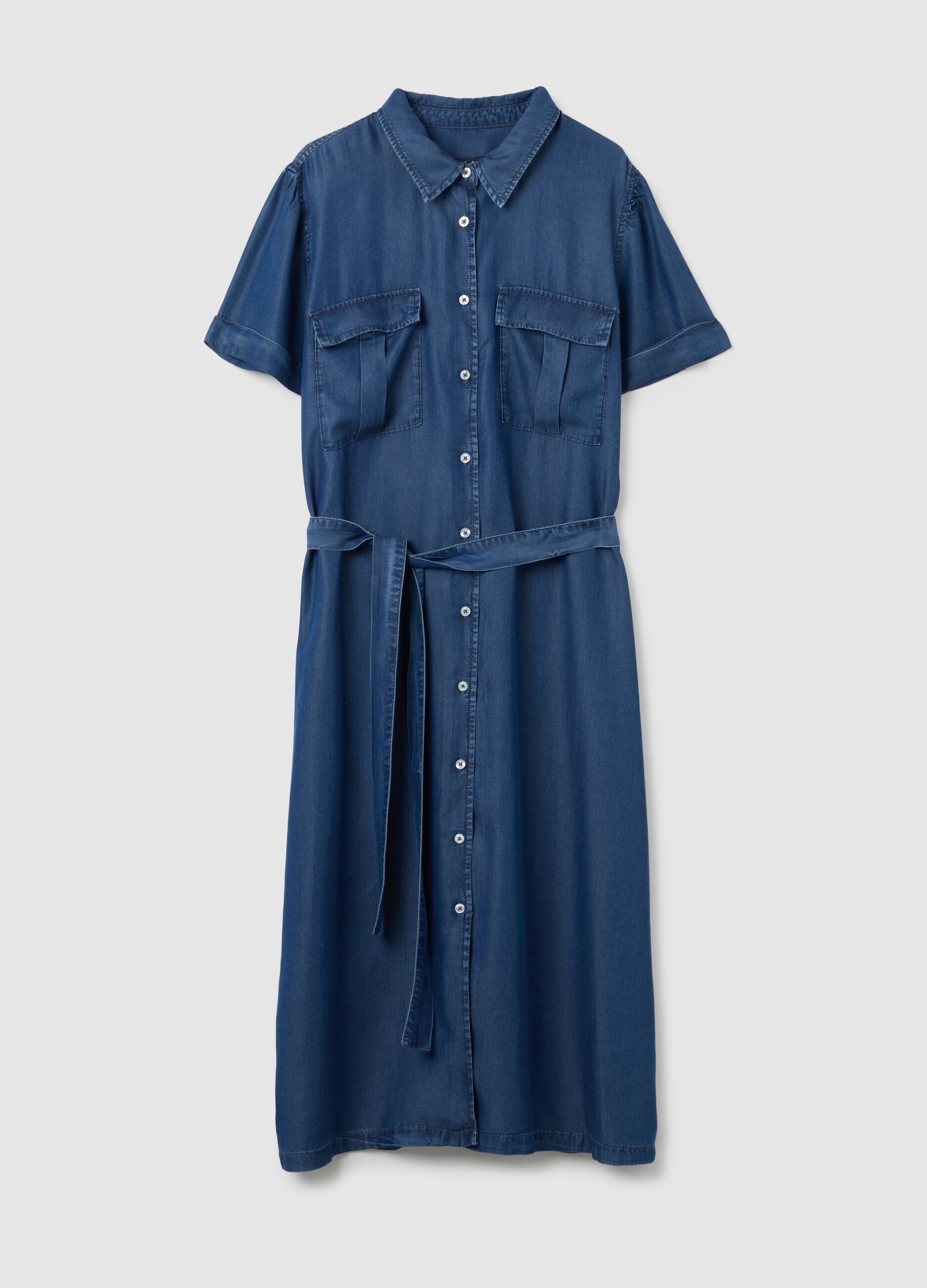 Women's Blue Lyocell Shirt Dress with Regular Fit