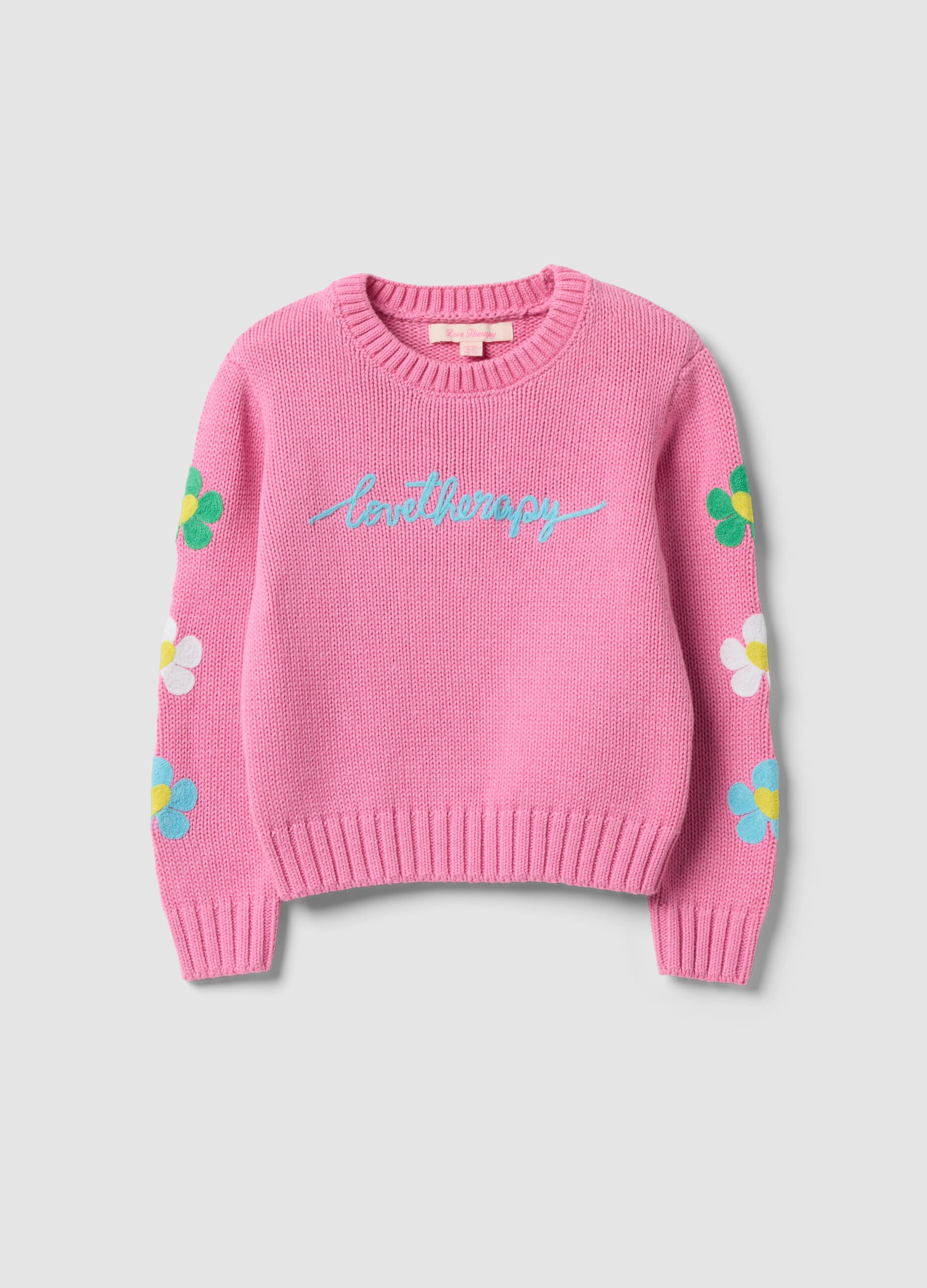 Pink cotton-blend crew-neck top with floral sleeves for girls