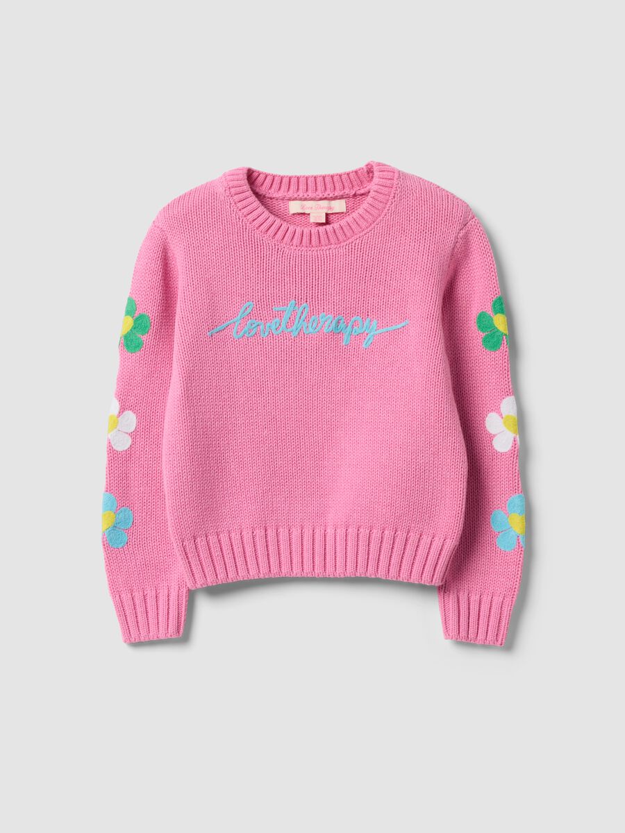 Maglia rosa in misto cotone con girocollo e fiori per bambina_0