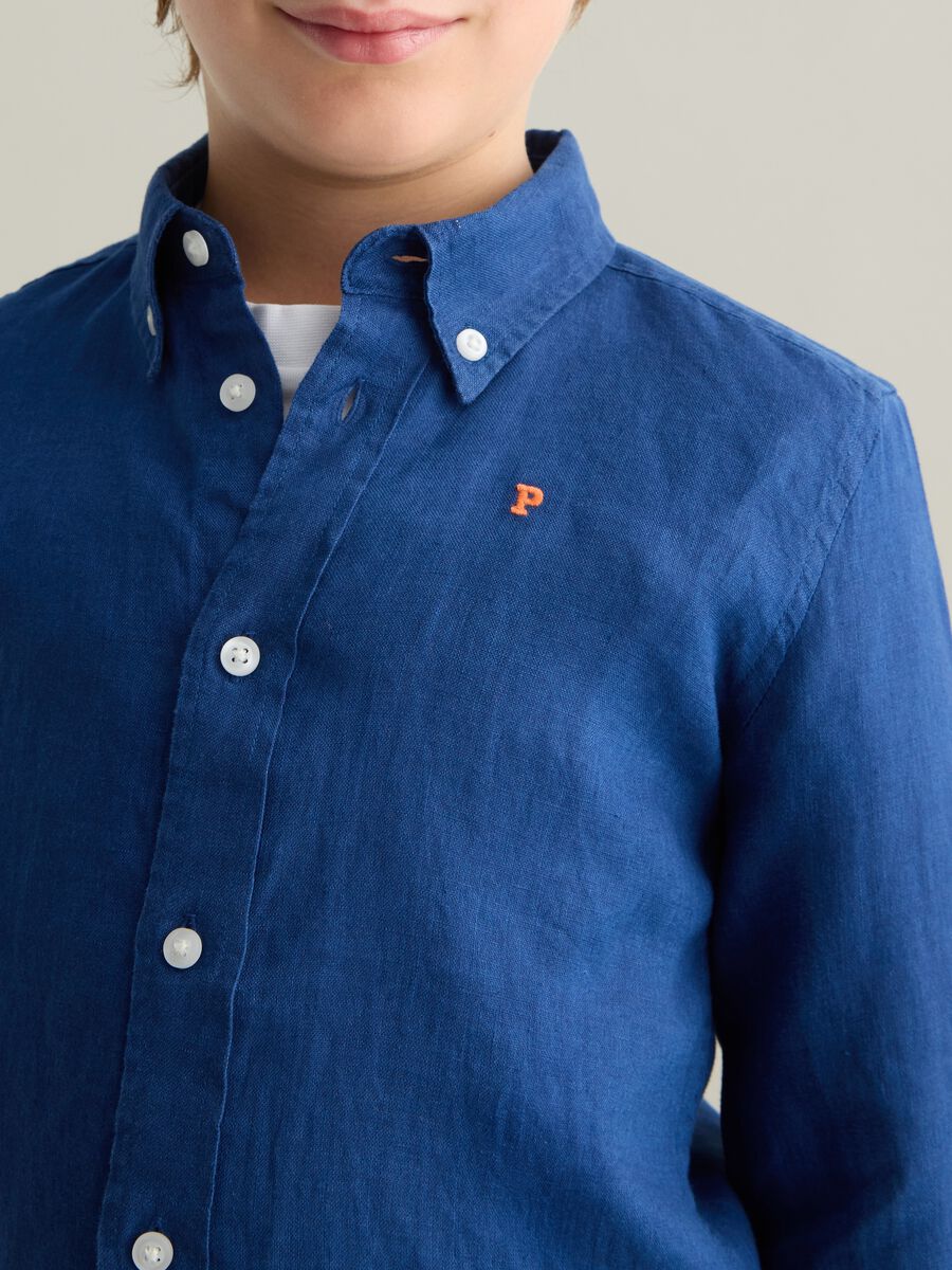 Blue linen shirt with logo embroidery_1