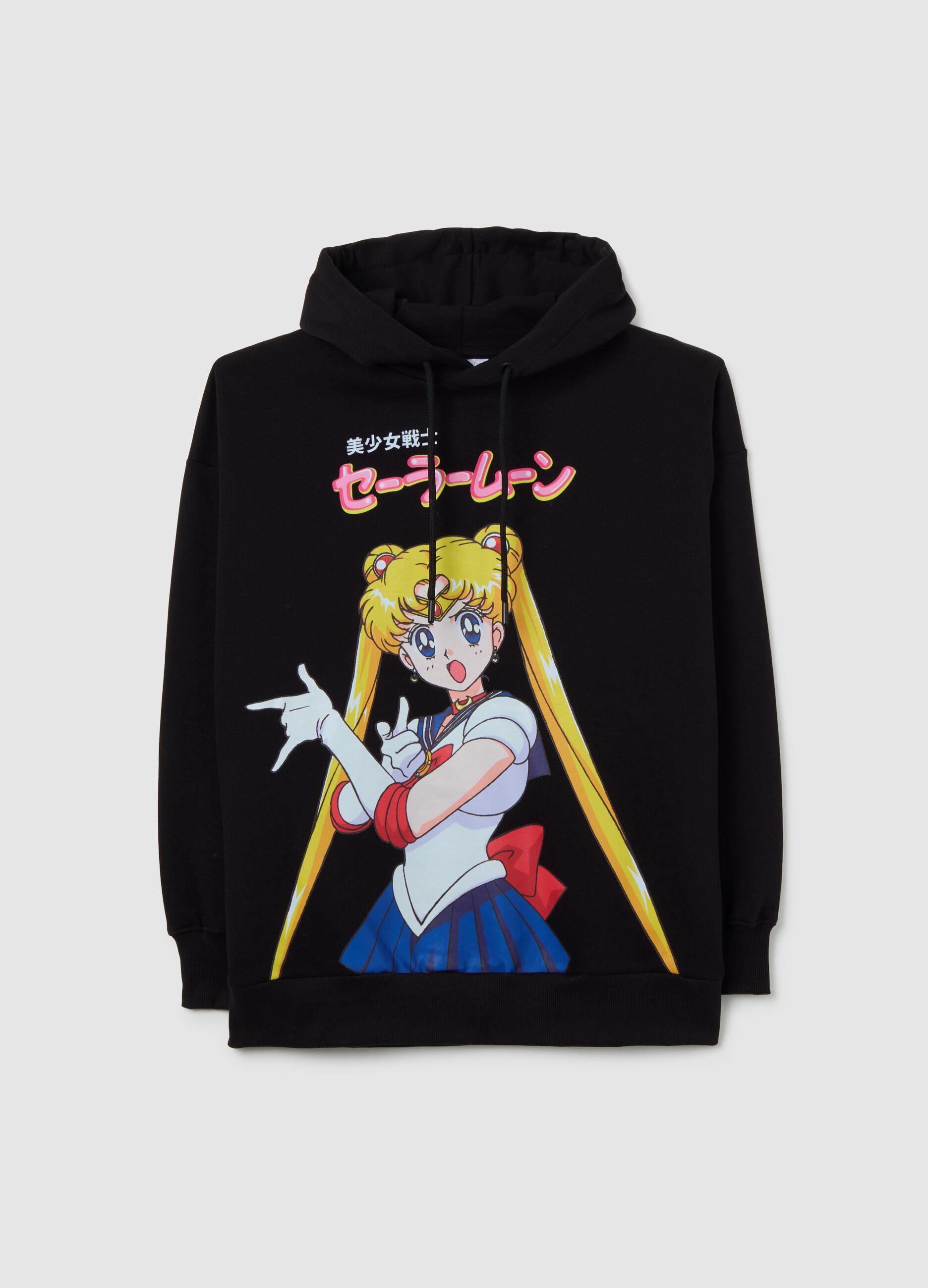 Black regular fit cotton blend sweatshirt with Sailor Moon print