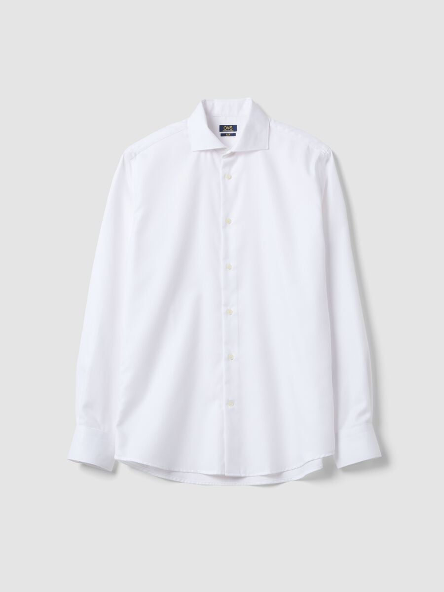 Camicia bianca slim fit in puro cotone con collo francese_0