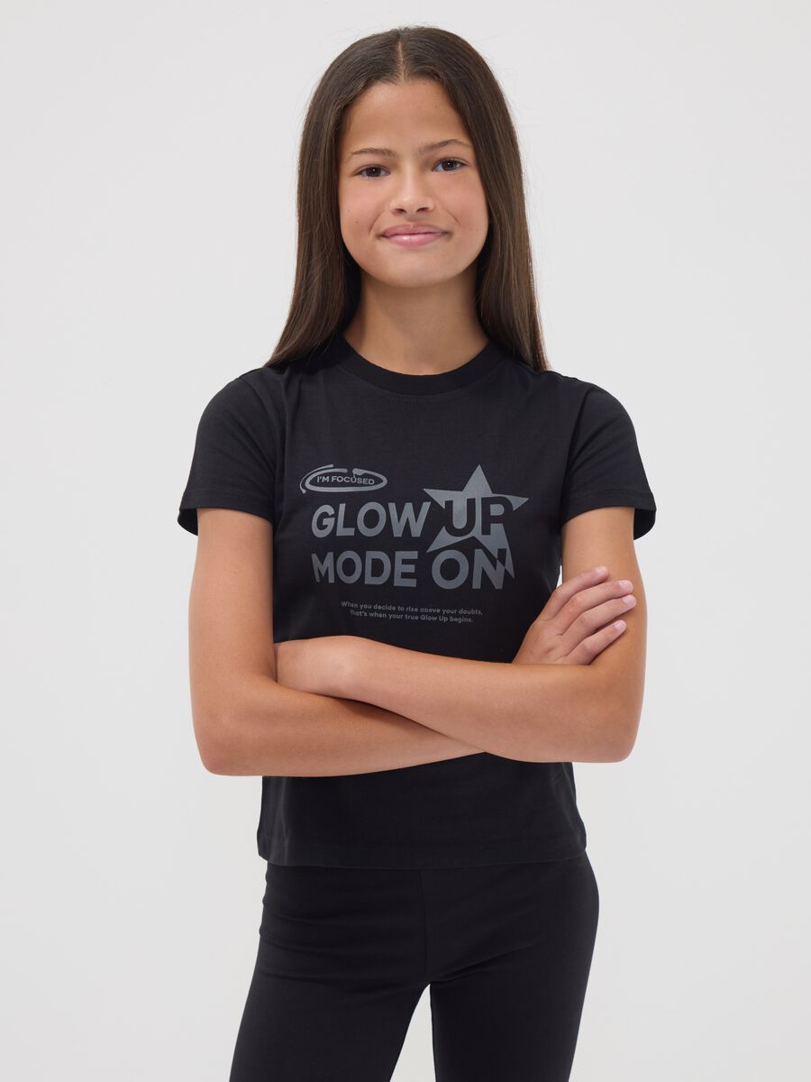Black organic cotton T-shirt with silver graphic for girls_0
