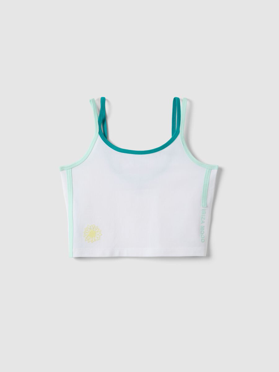 Tank top fitted in cotone elasticizzato bianco da ragazza con fiore_0