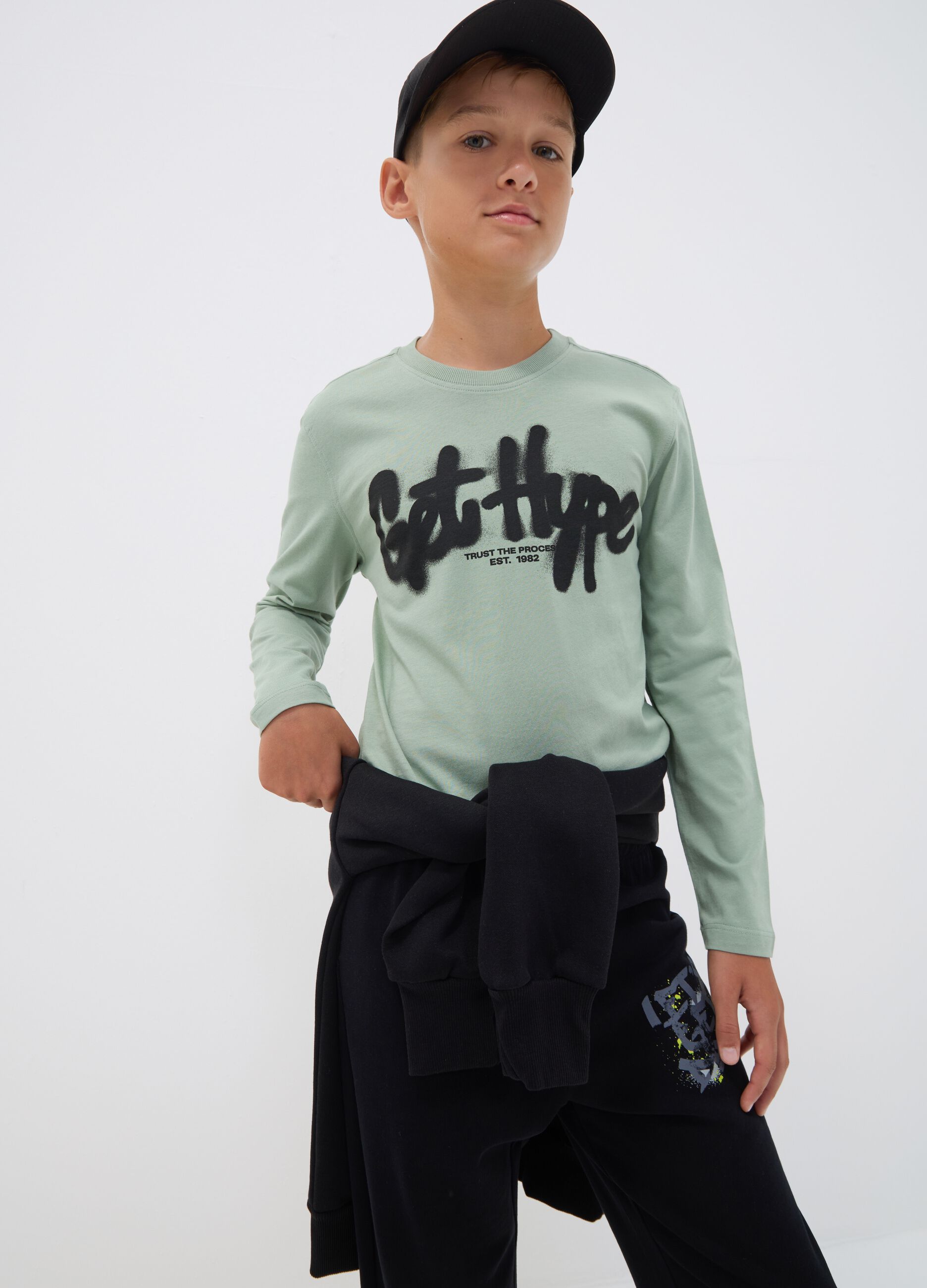 Green pure organic cotton T-shirt with &ldquo;Get Hype&rdquo; print for boys