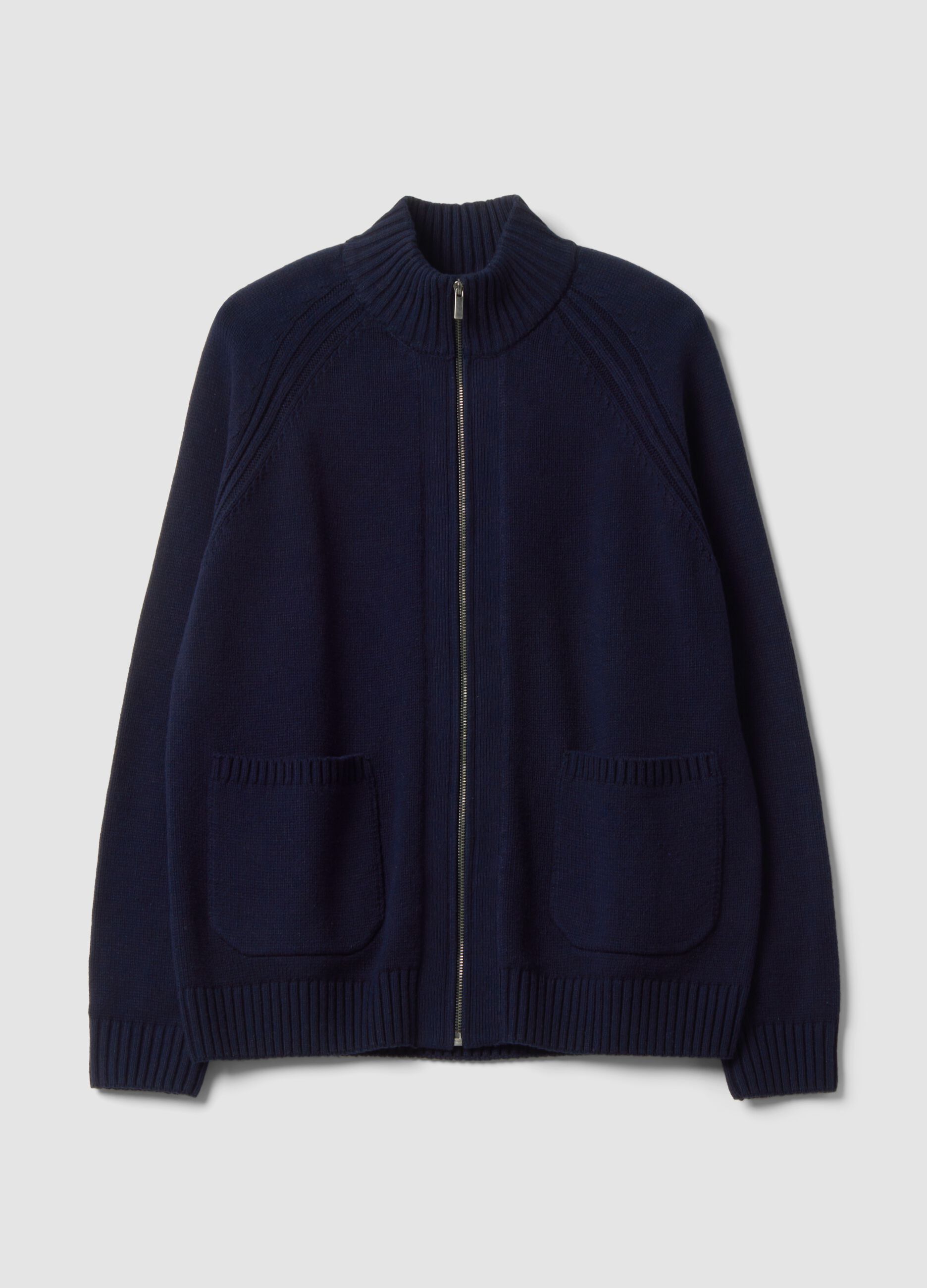 Cardigan blu con colletto in misto cotone