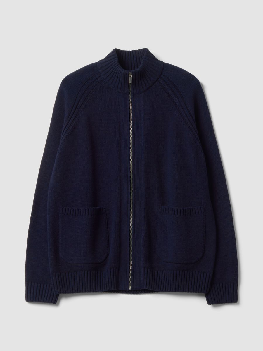 Cardigan blu con colletto in misto cotone_4