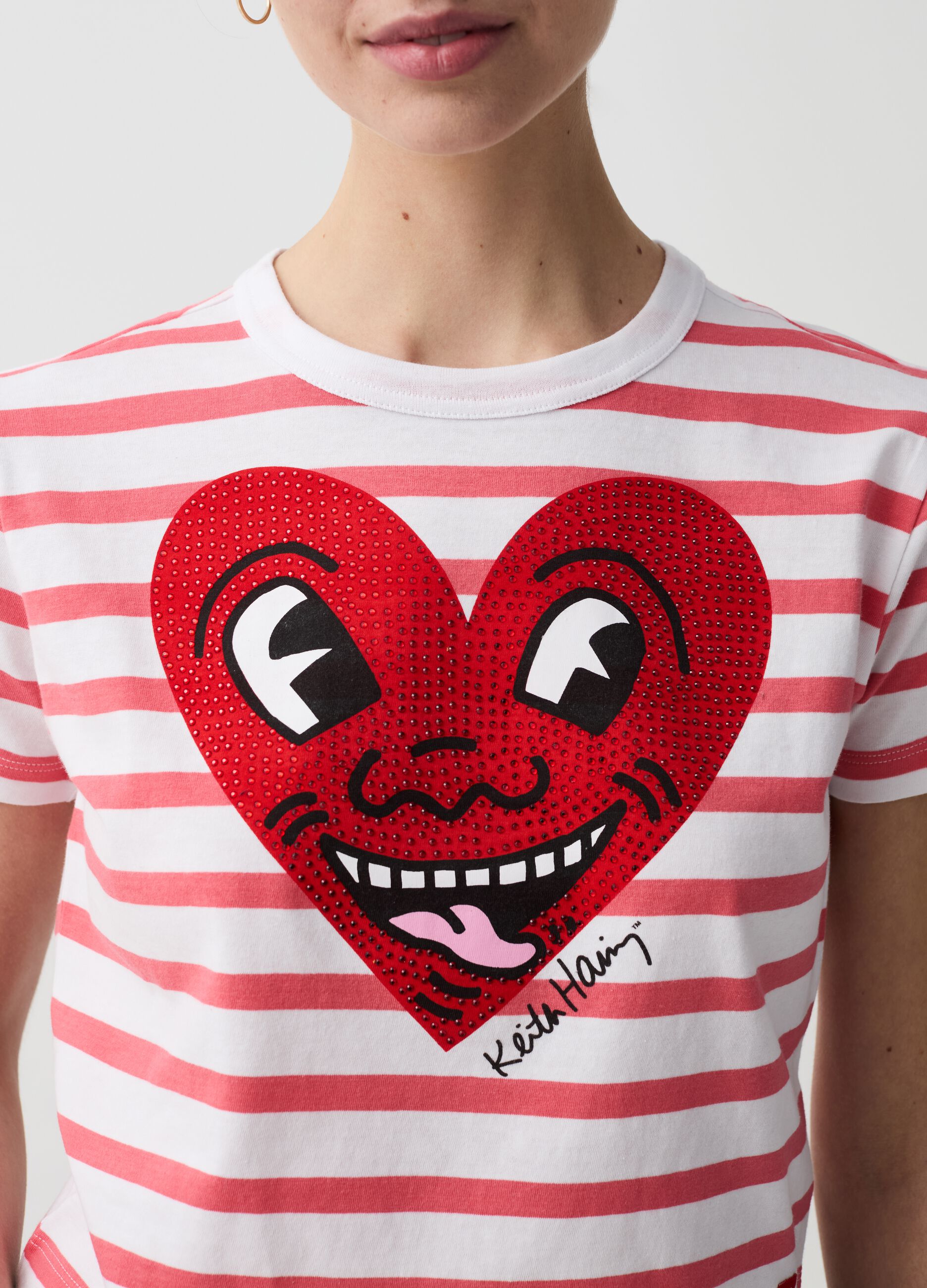 T-shirt a righe stampa cuore Keith Haring