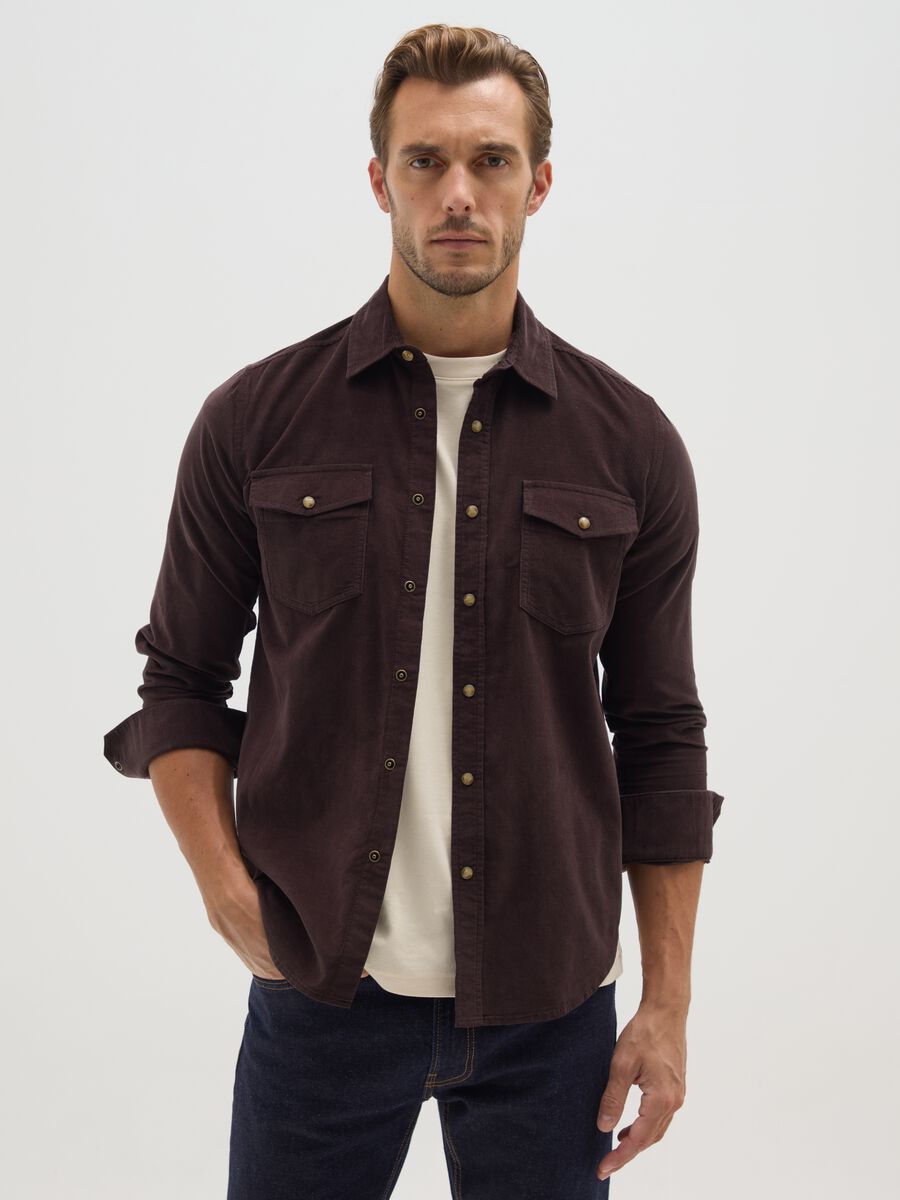 Regular fit corduroy shirt in pure brown cotton_0