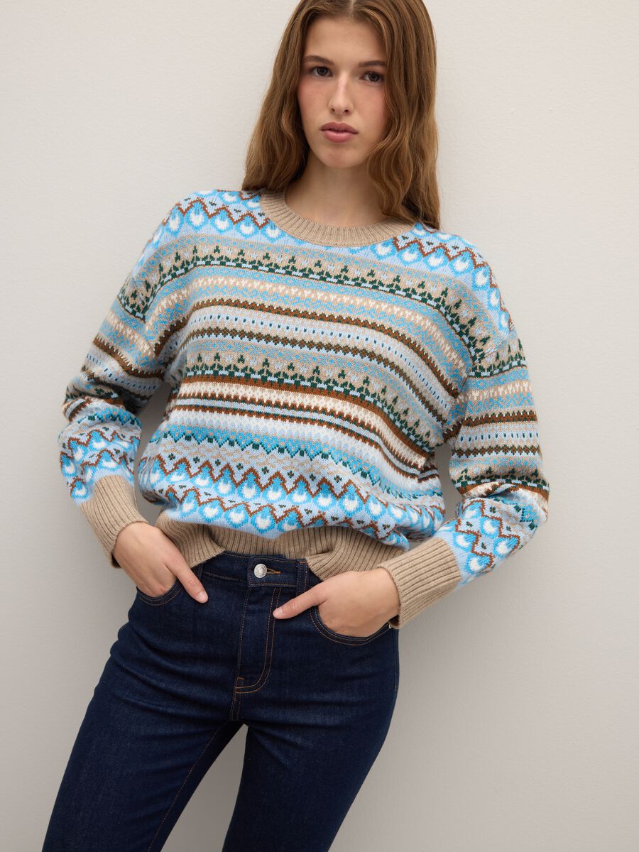 Multicolour Crew Neck Sweater with Geometric Pattern, Regular Fit_4