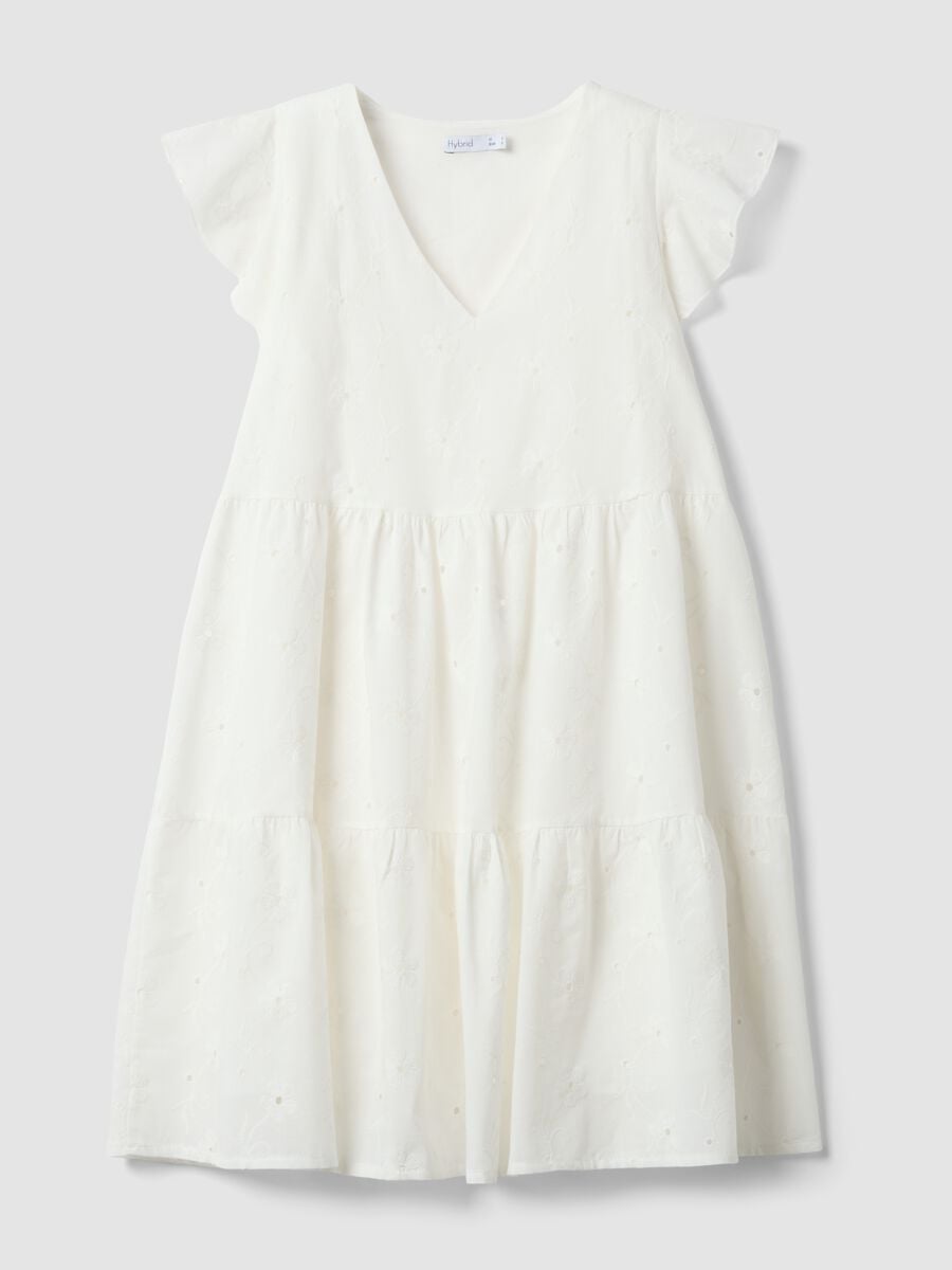 White pure cotton dress with broderie floral embroidery and V-neck_4