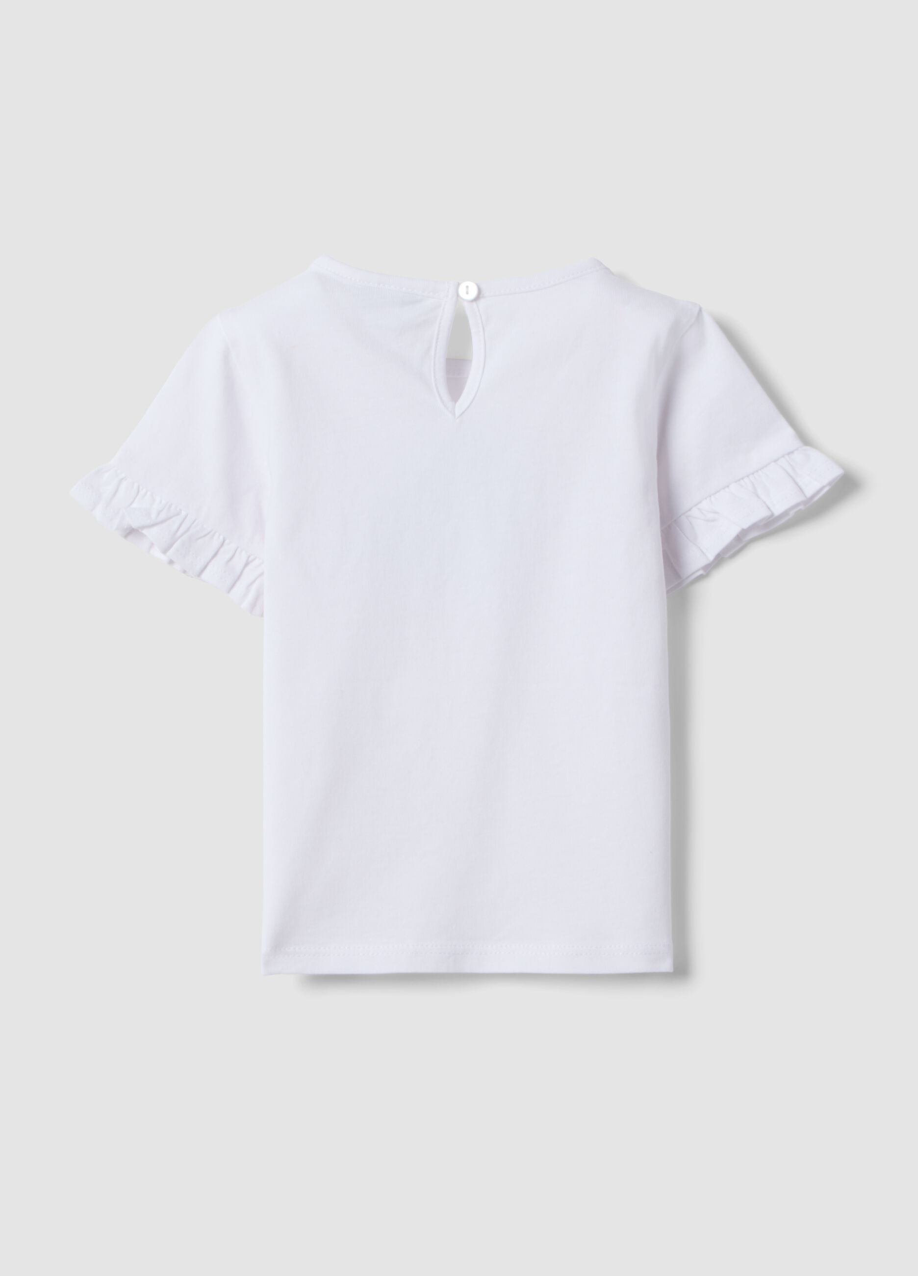 Girls&rsquo; white organic cotton T-shirt with print and frill sleeves
