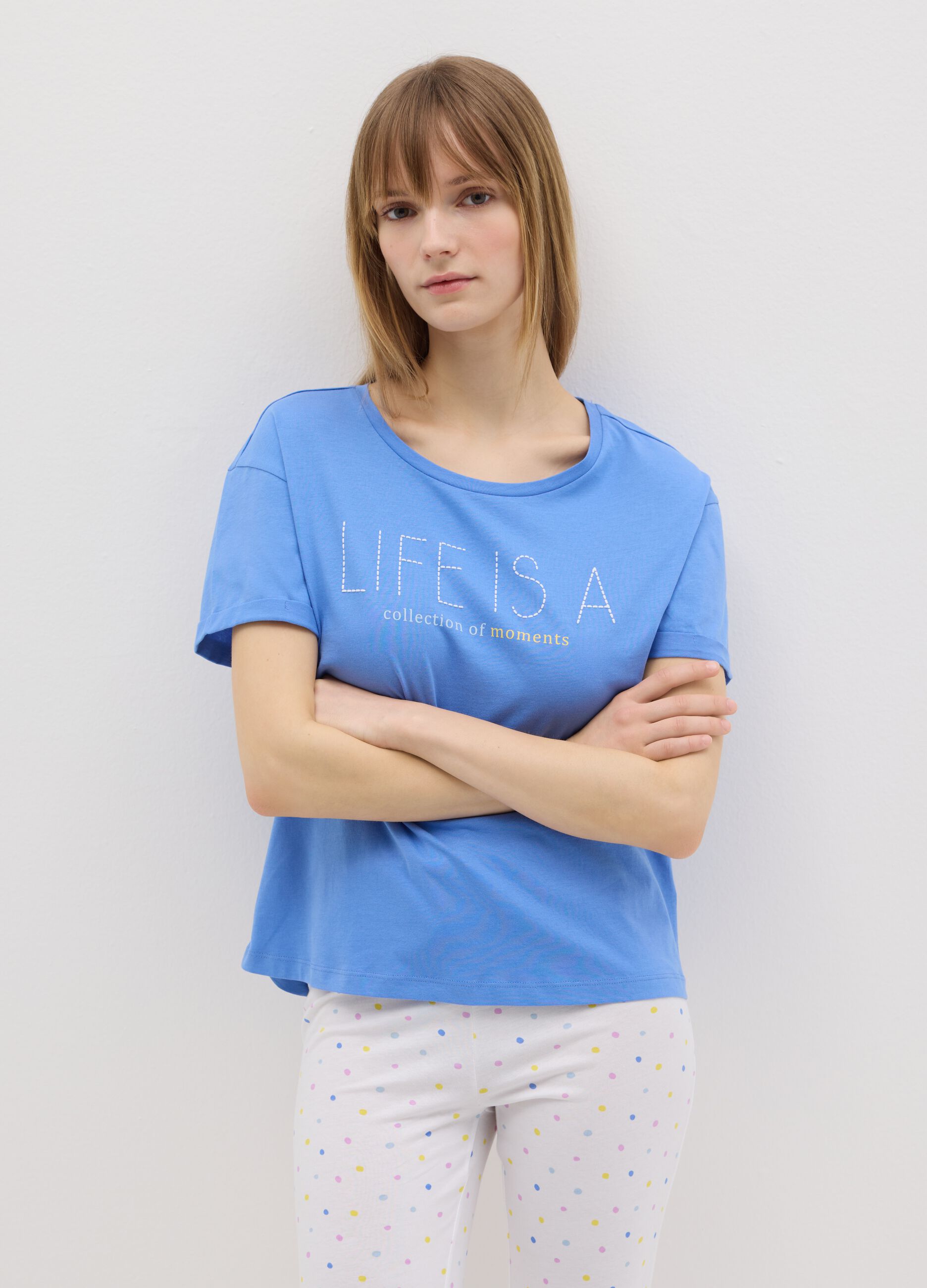 White and light blue cotton pyjamas with print