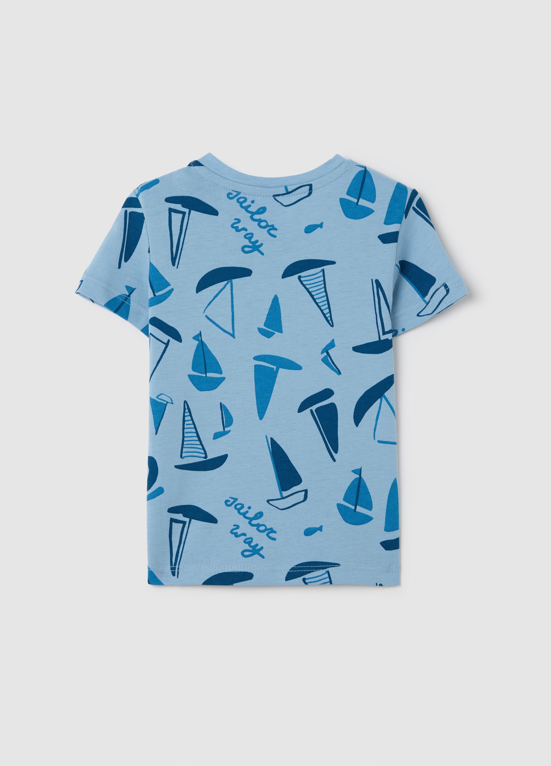 Light blue cotton T-shirt with sailing boats print
