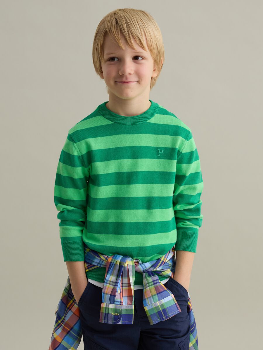 Striped cotton pullover with embroidered logo_0