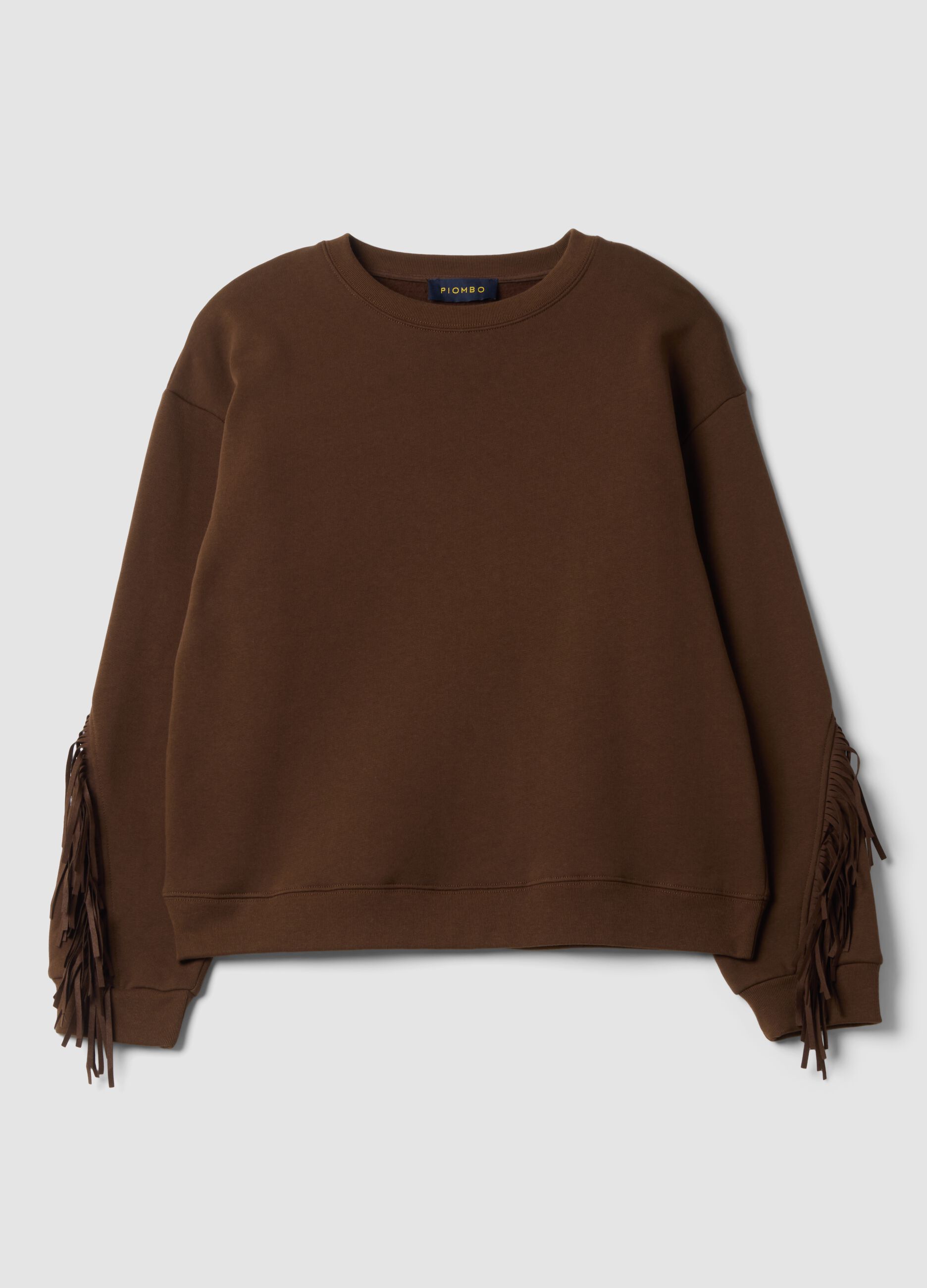 Brown cotton-blend crew-neck sweatshirt with fringes, regular fit