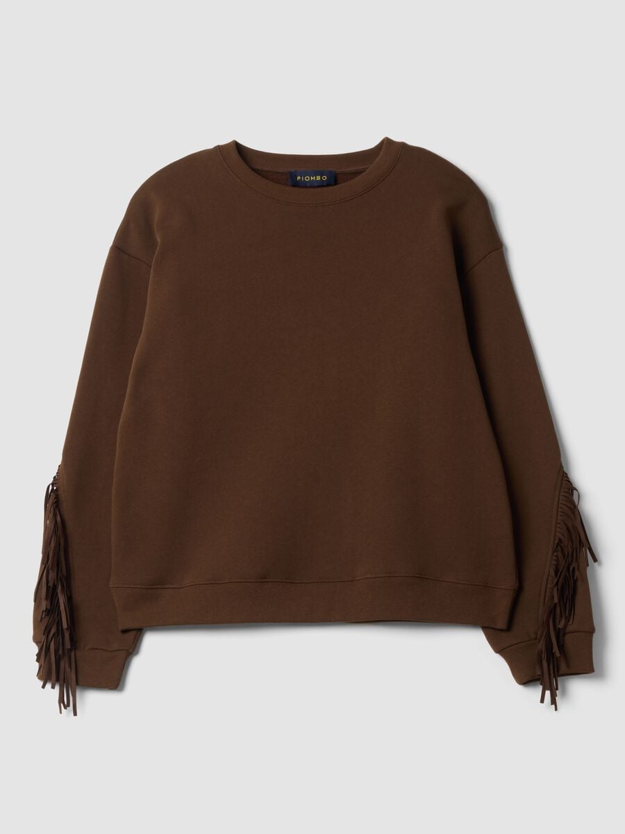 Brown cotton-blend crew-neck sweatshirt with fringes, regular fit_0