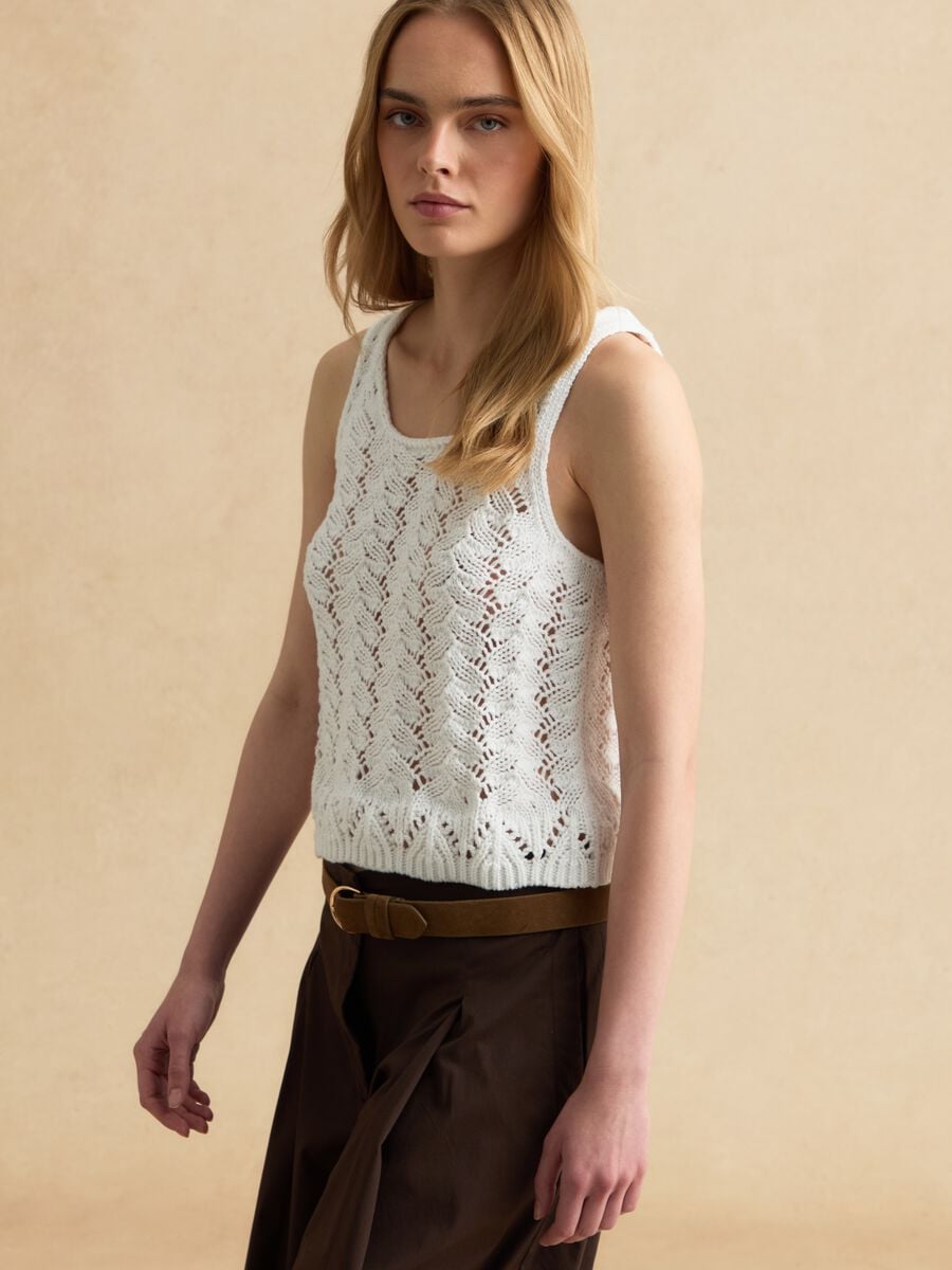 White pure cotton crochet tank top_0