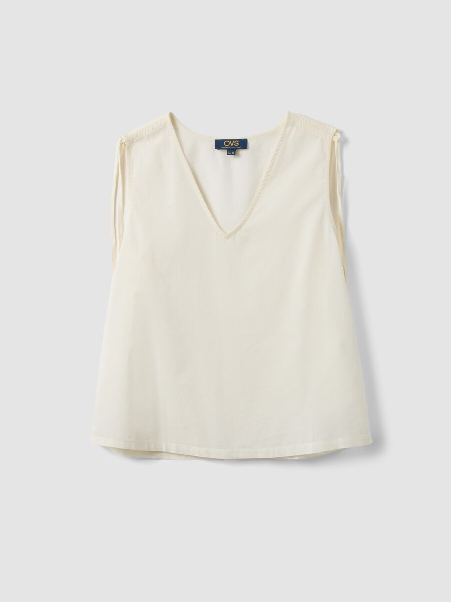 White pure cotton V-neck blouse_0
