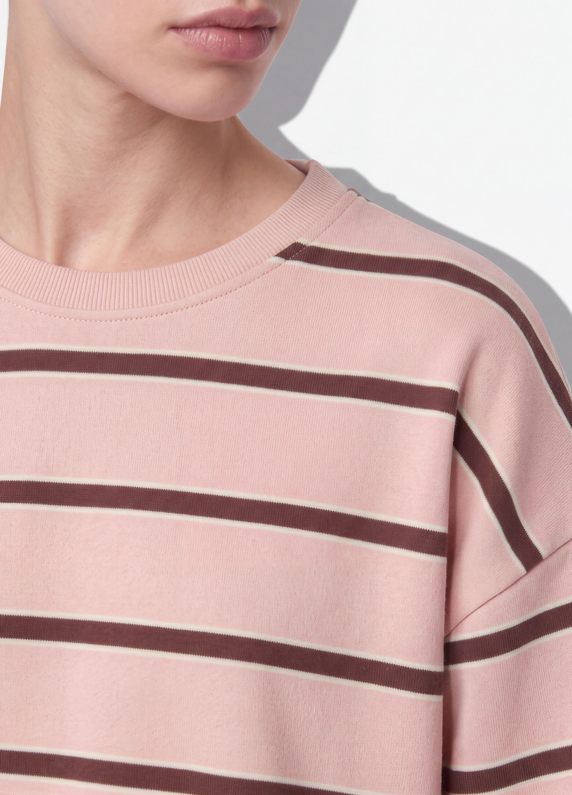 Pink pure cotton striped sweatshirt with crew neck, relaxed fit
