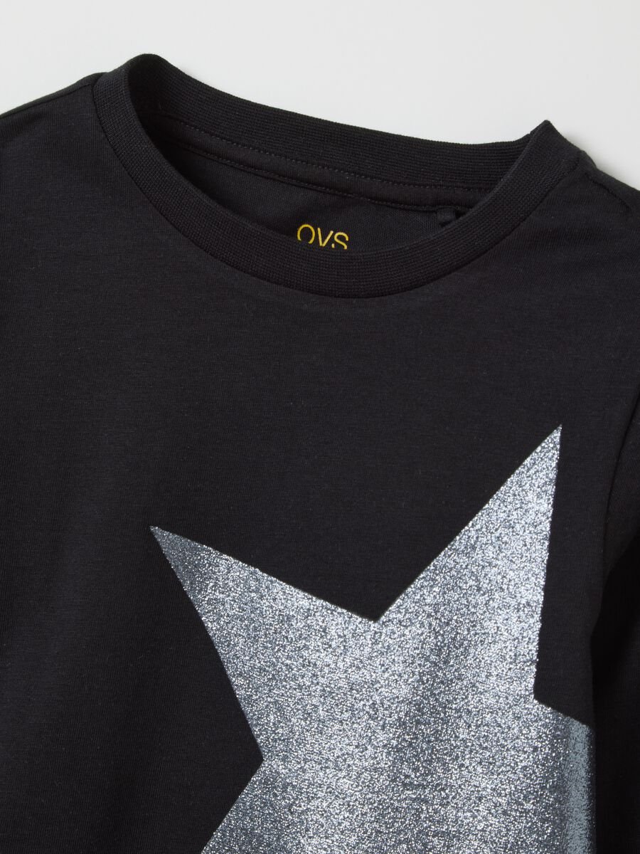 Girls' black regular fit pure cotton t-shirt with glitter star_2