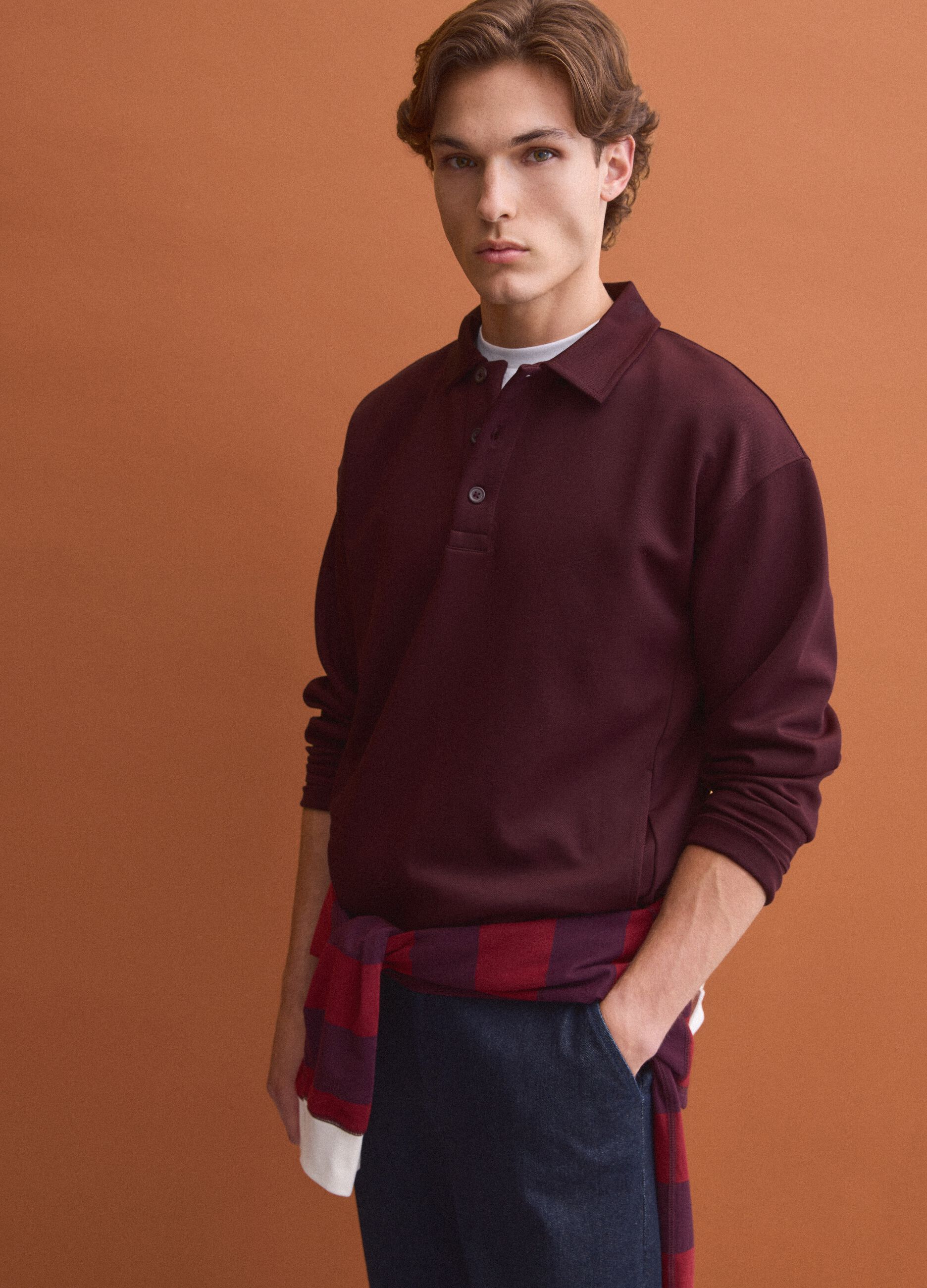 Brown stretch polo-collar sweatshirt, relaxed fit