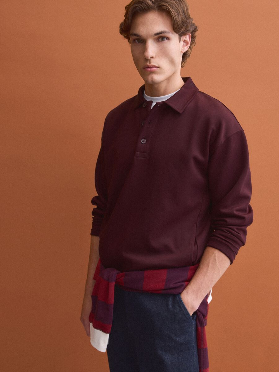Felpa marrone in tessuto elasticizzato con collo polo relaxed fit_3